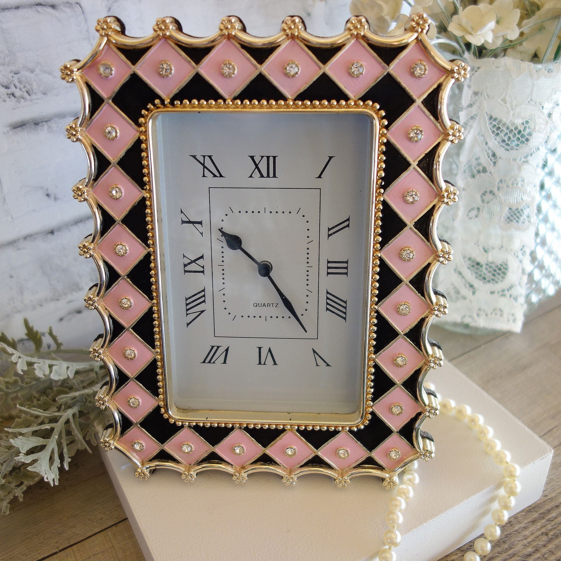 Hand Painted Whimsy Diamond Checked Vintage Clock Black And Pink Checked Decor 3 