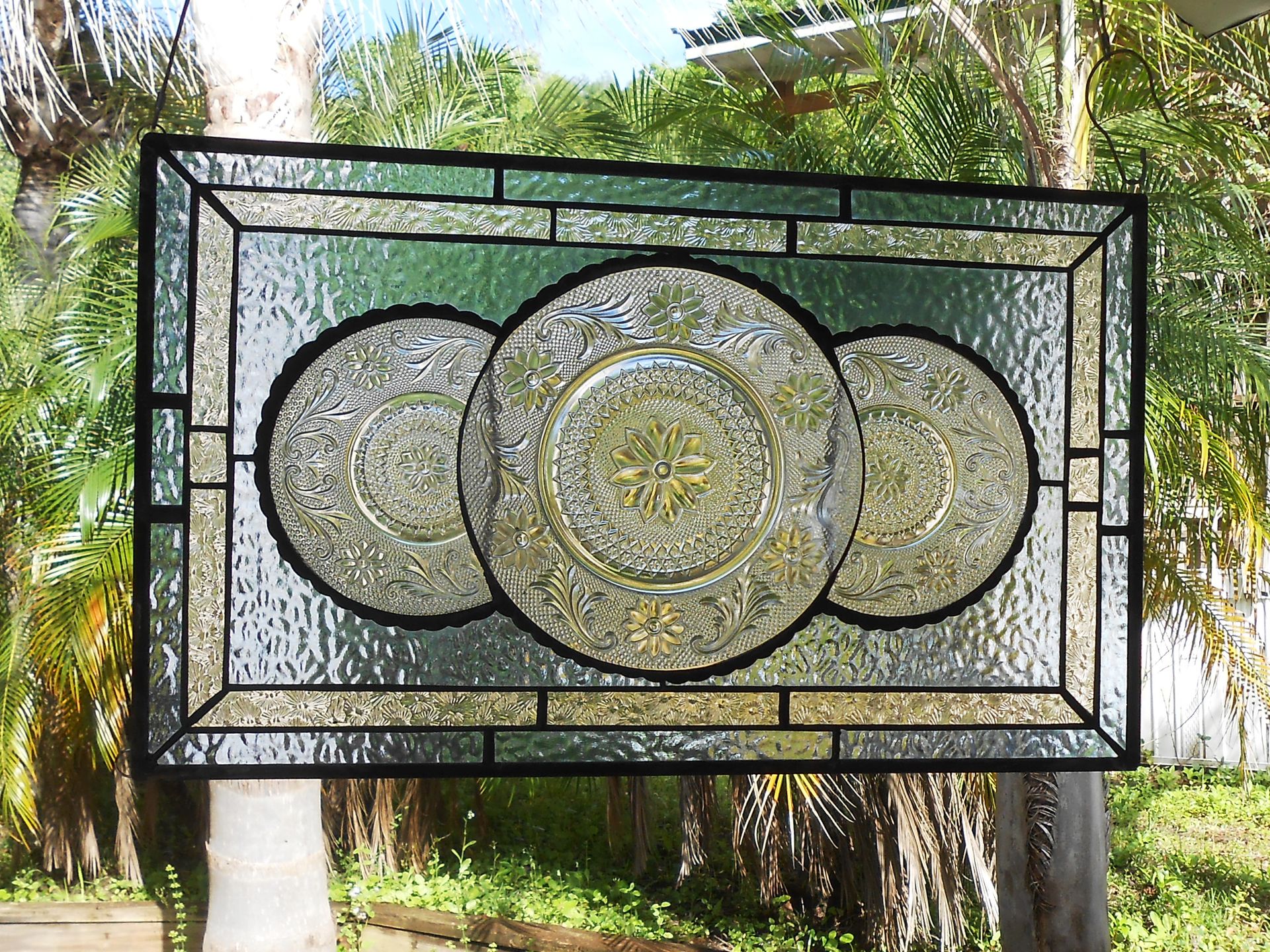 Vintage Look Traditional Stained Glass Transom Window, Tiara Sandwich Glass Plate Panel 10 