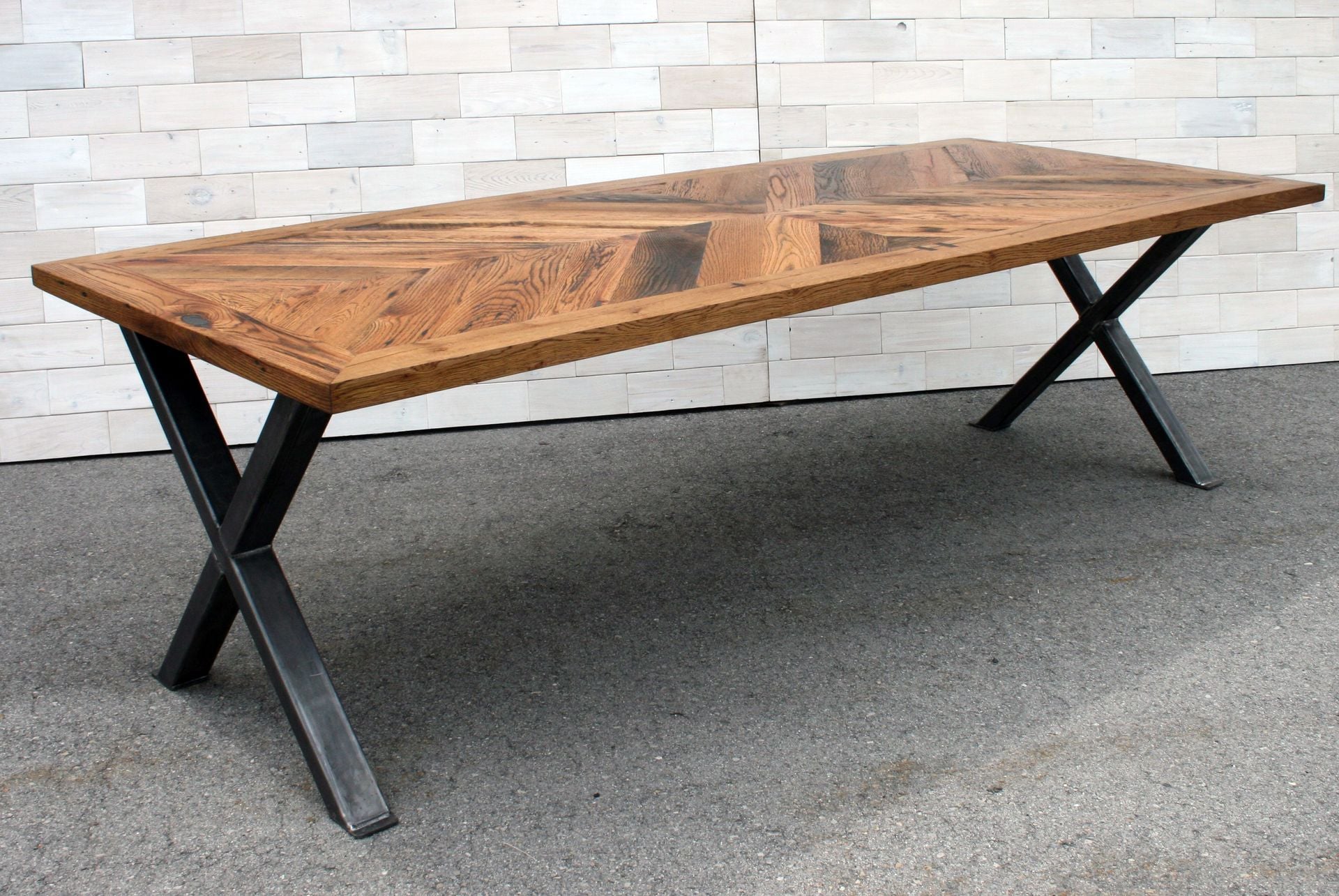 Tobacco Oak Chevron Dining Table With Steel X Legs