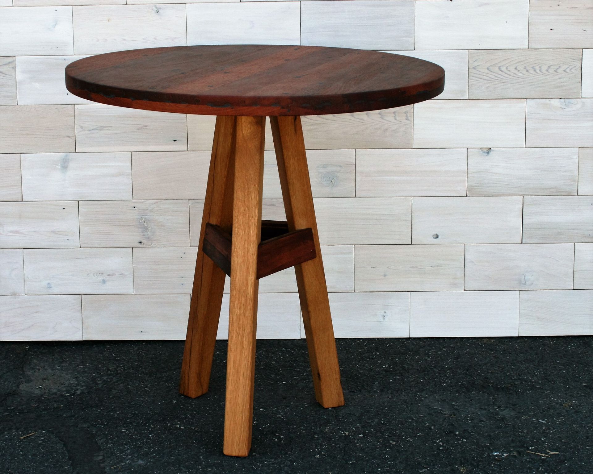 Round Top Tripod Leg Table Made From Reclaimed Greenheart & Antique Oak