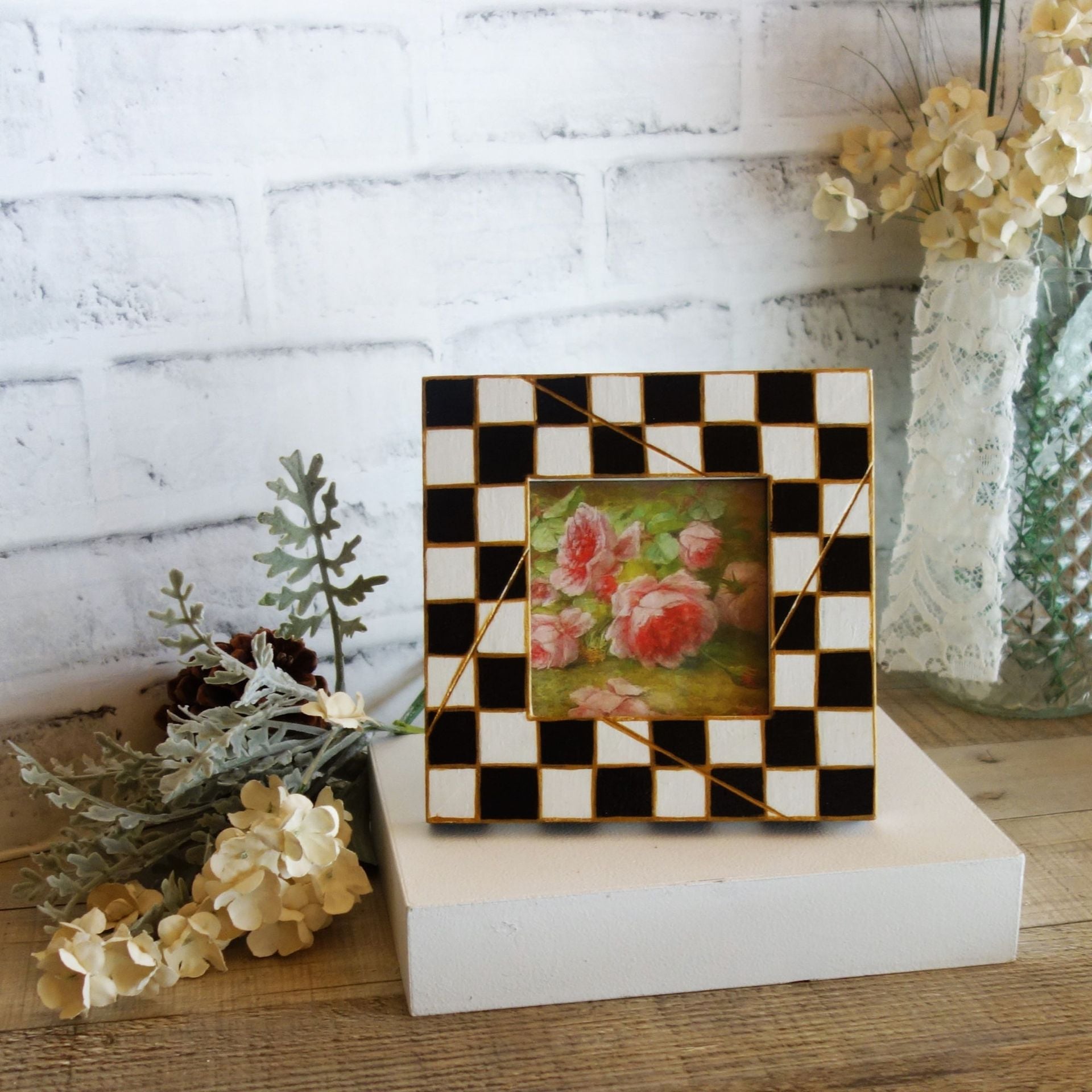 Hand Painted Checks Vintage Frame Courtly Picture Frame Pink Rose Checked Decor 2 