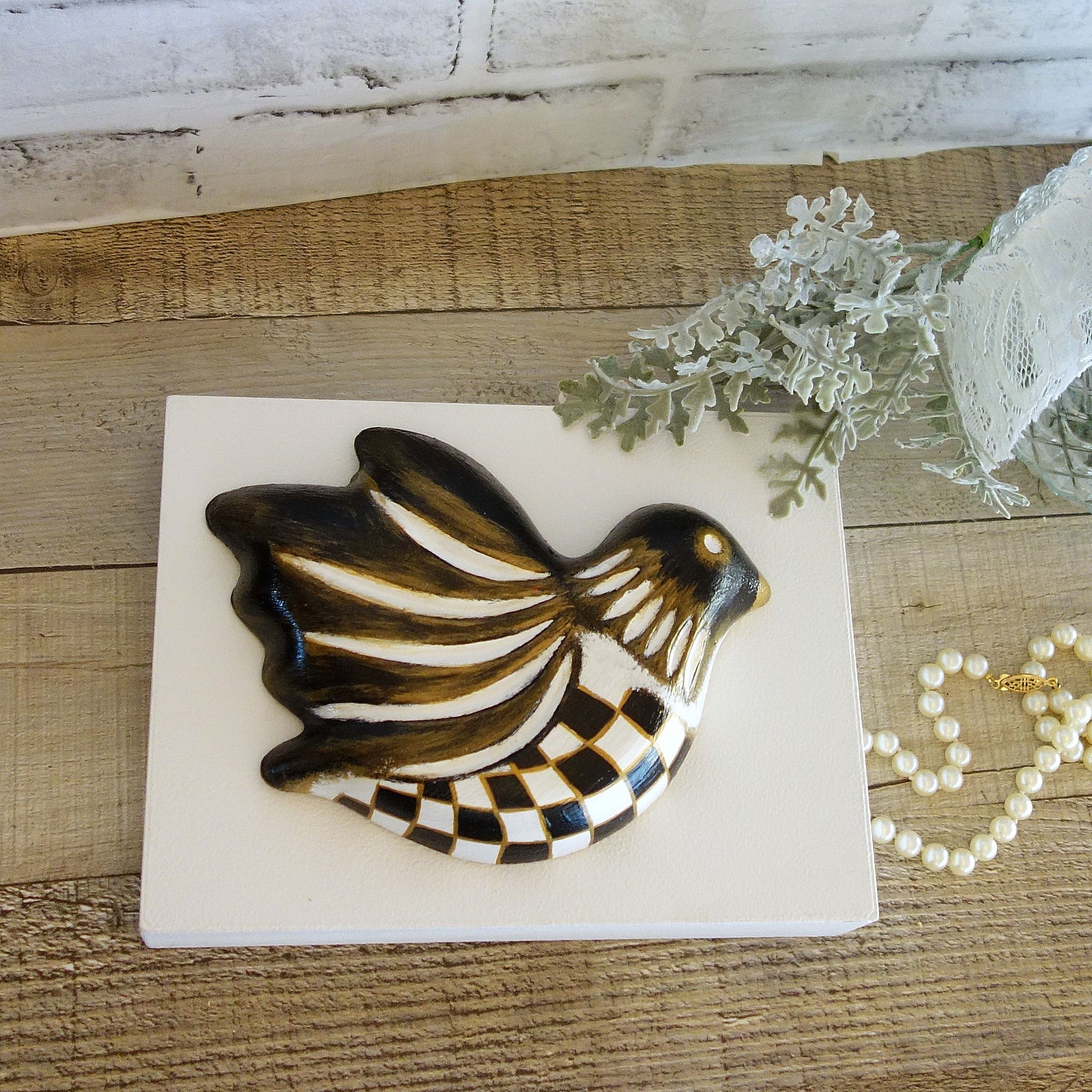Black And White Check Decor Black Checked Songbird Jewelry Dish 1 