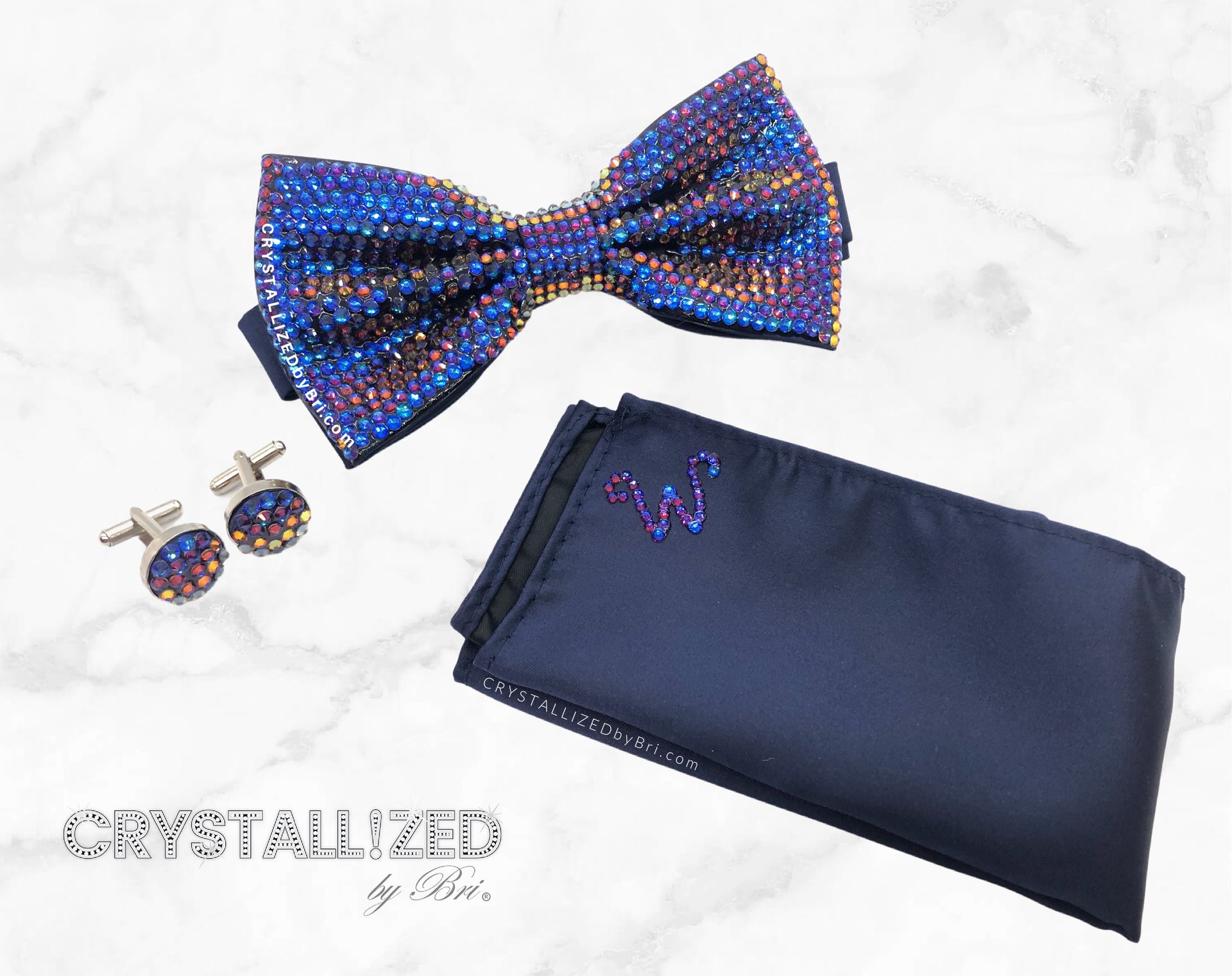 Fully Crystallized Bow Tie Set Cufflinks Pocket Square Bling Genuine European Crystals Bedazzled 1