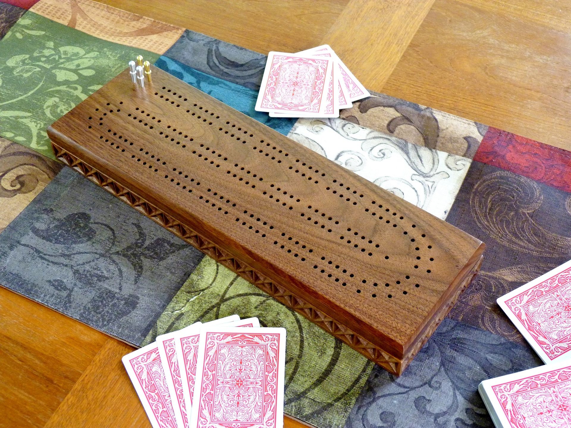 Carved Cribbage Board In Walnut Or Cherry Wood