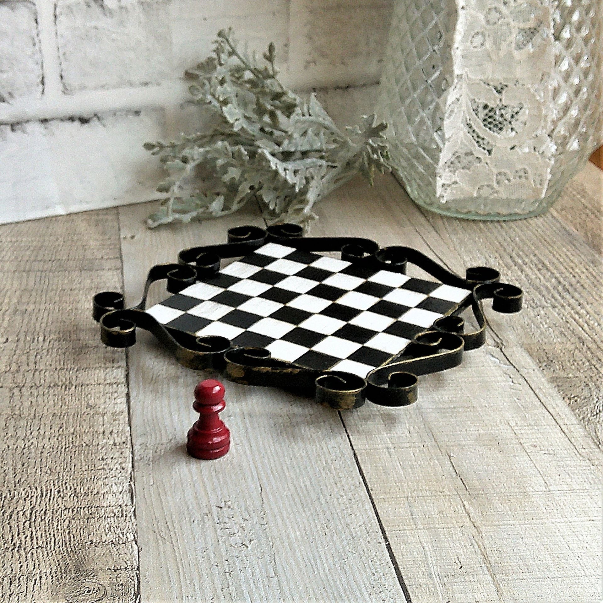 Hand Painted Checks Riser Small Checkerboard Metal Riser Chessboard Decor 2 