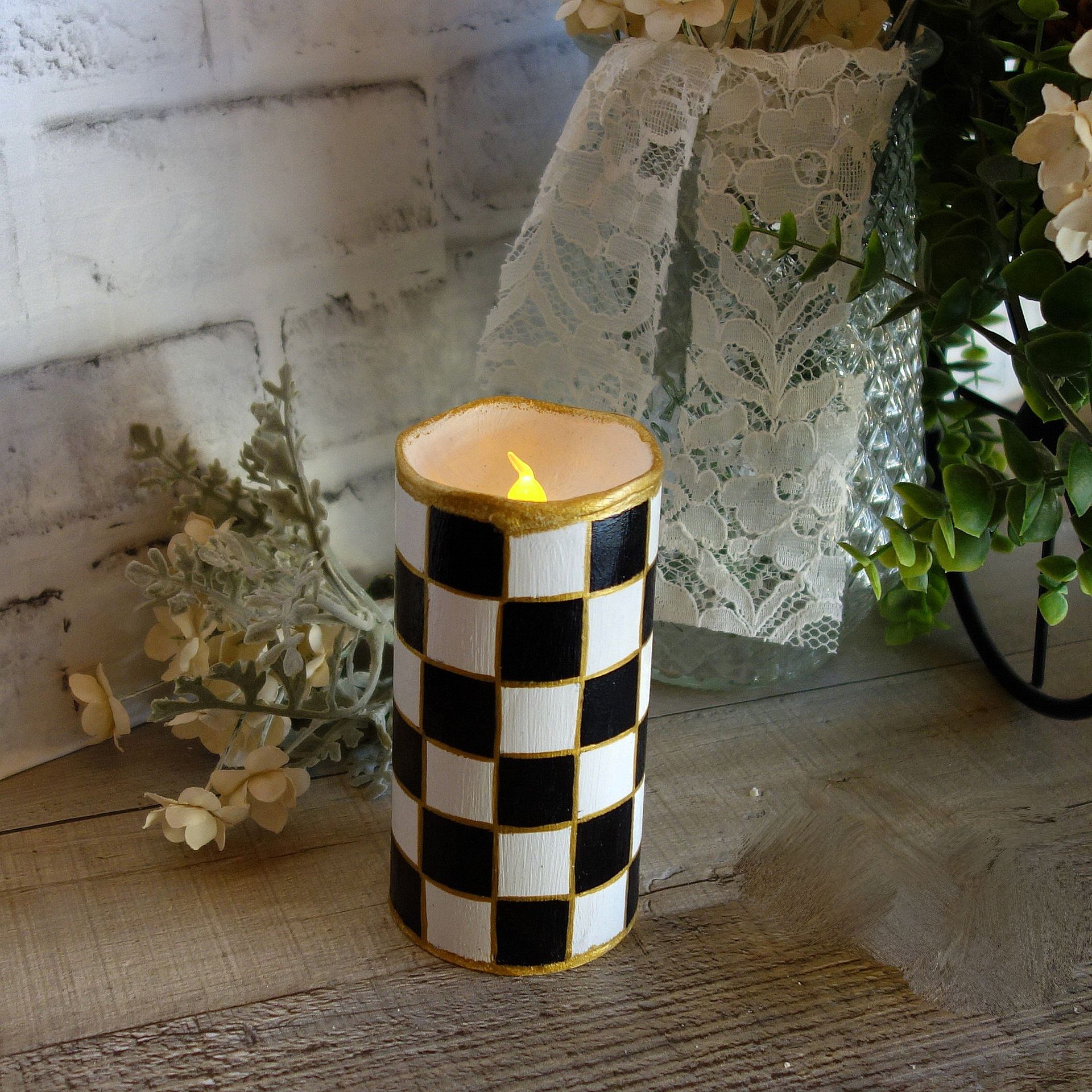 Black And White Checked Candle 5" Courtly Candle Led Battery Checkered Candle