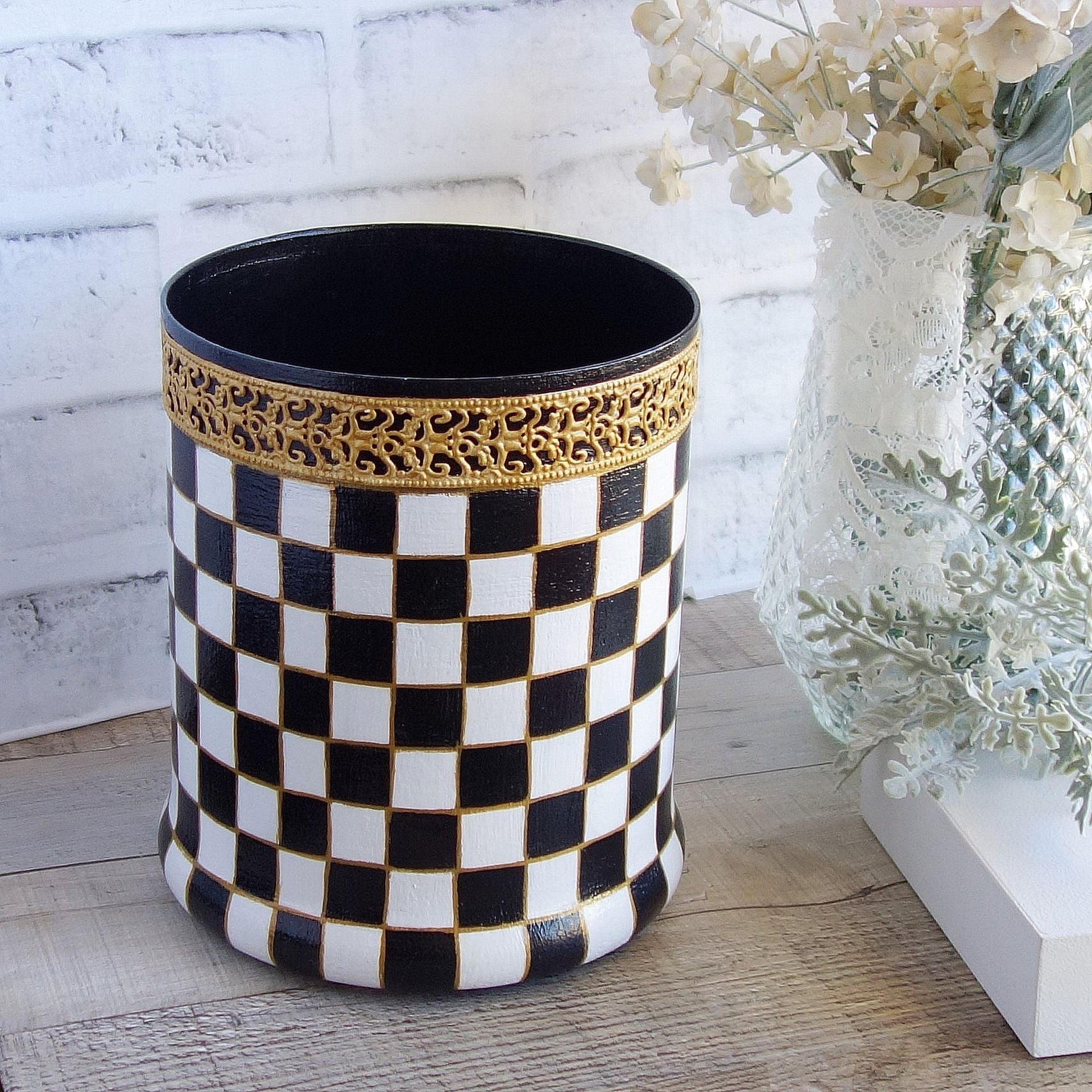 Checked Waste Basket Checkered Canister Organizer 3 