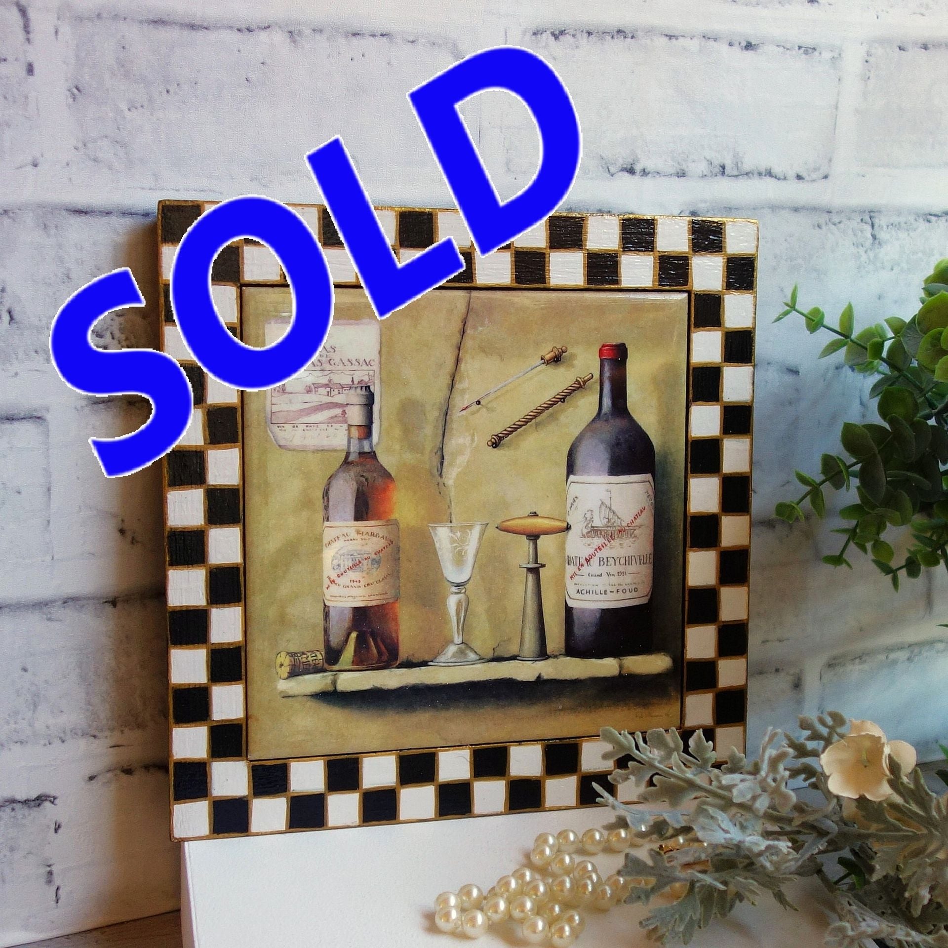 Hand Painted Checks Picture Frame Black And White Checked Wine Picture Decor 1 