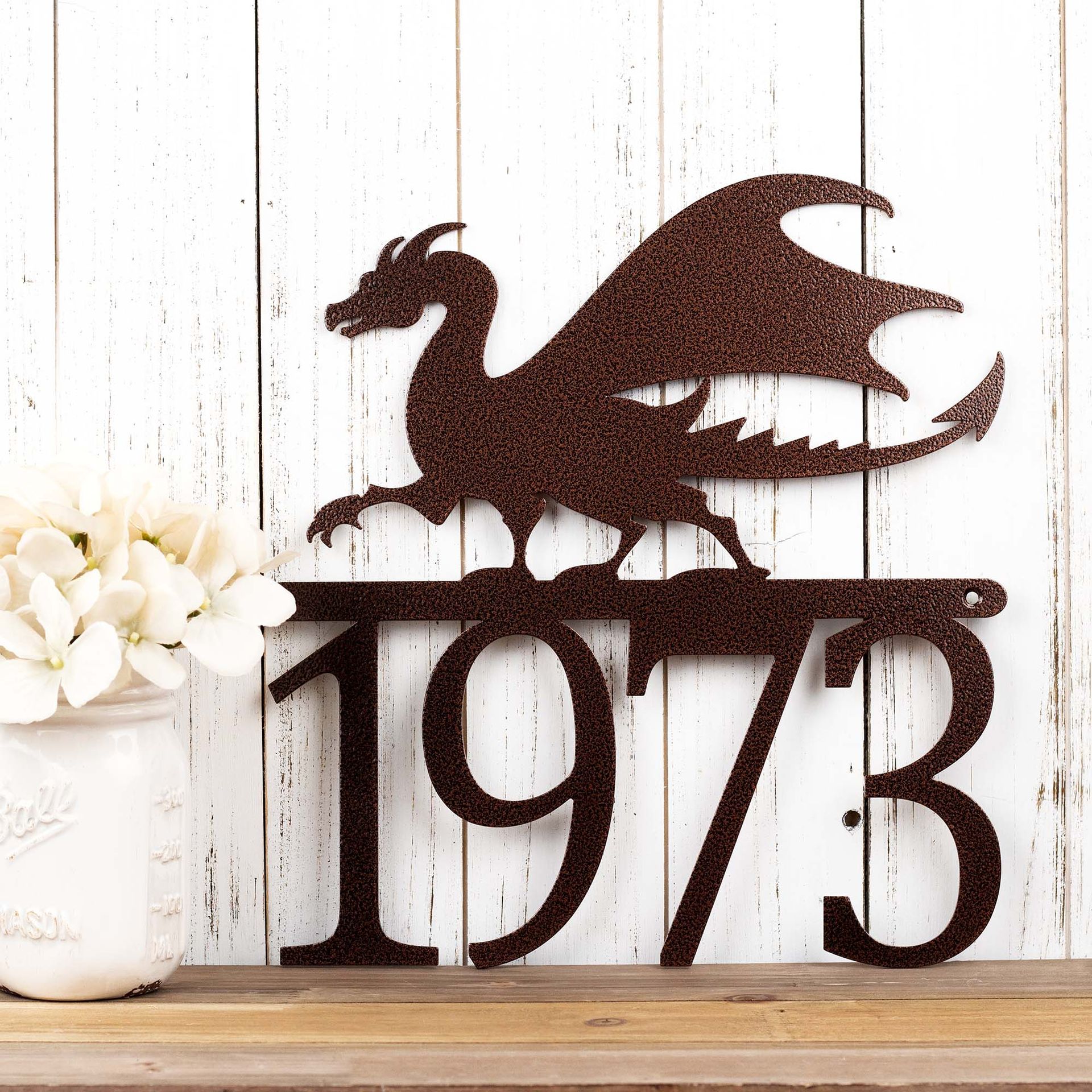 Metal House Number Plaque with Gothic Medieval Dragon