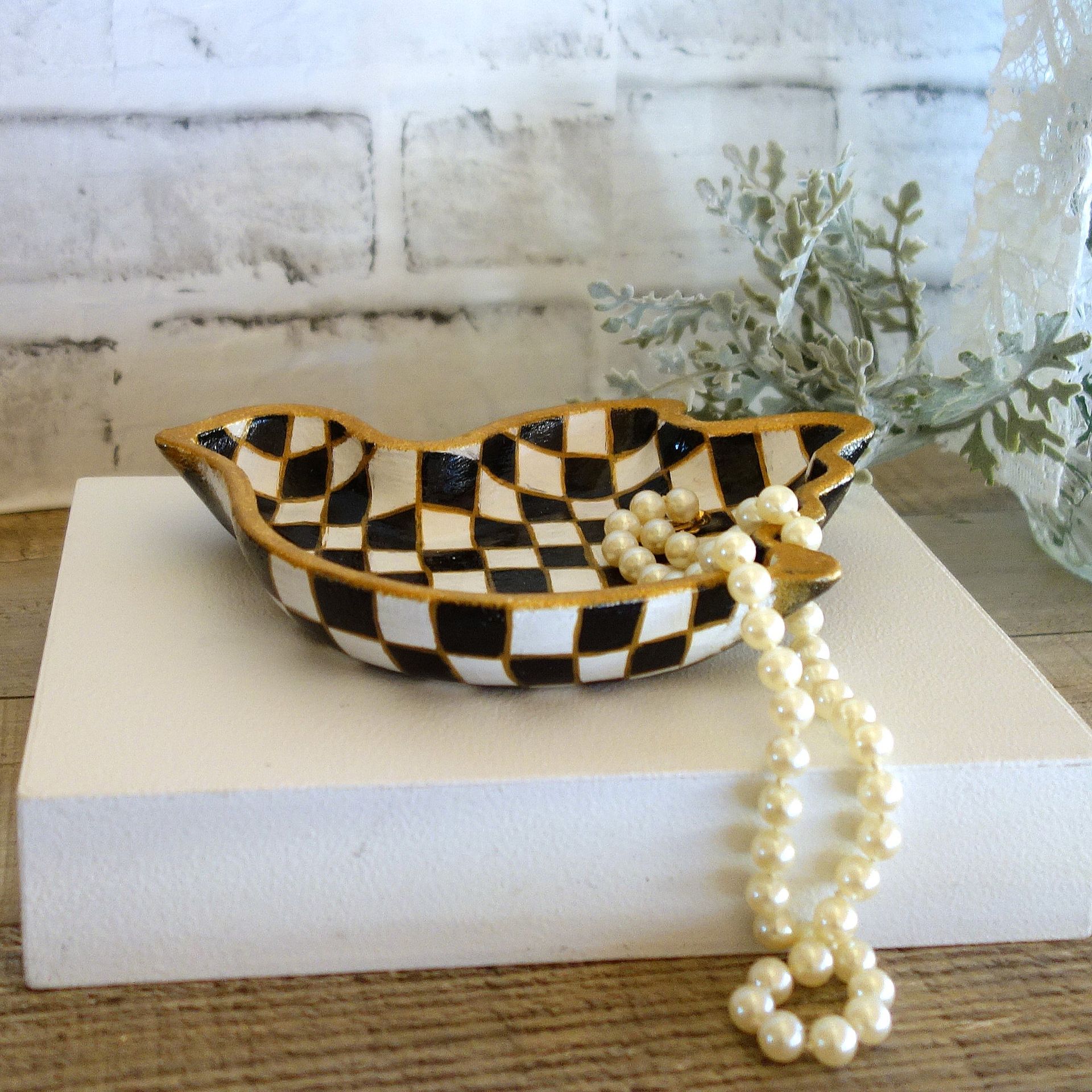 Black And White Check Decor Black Checked Songbird Jewelry Dish 3 
