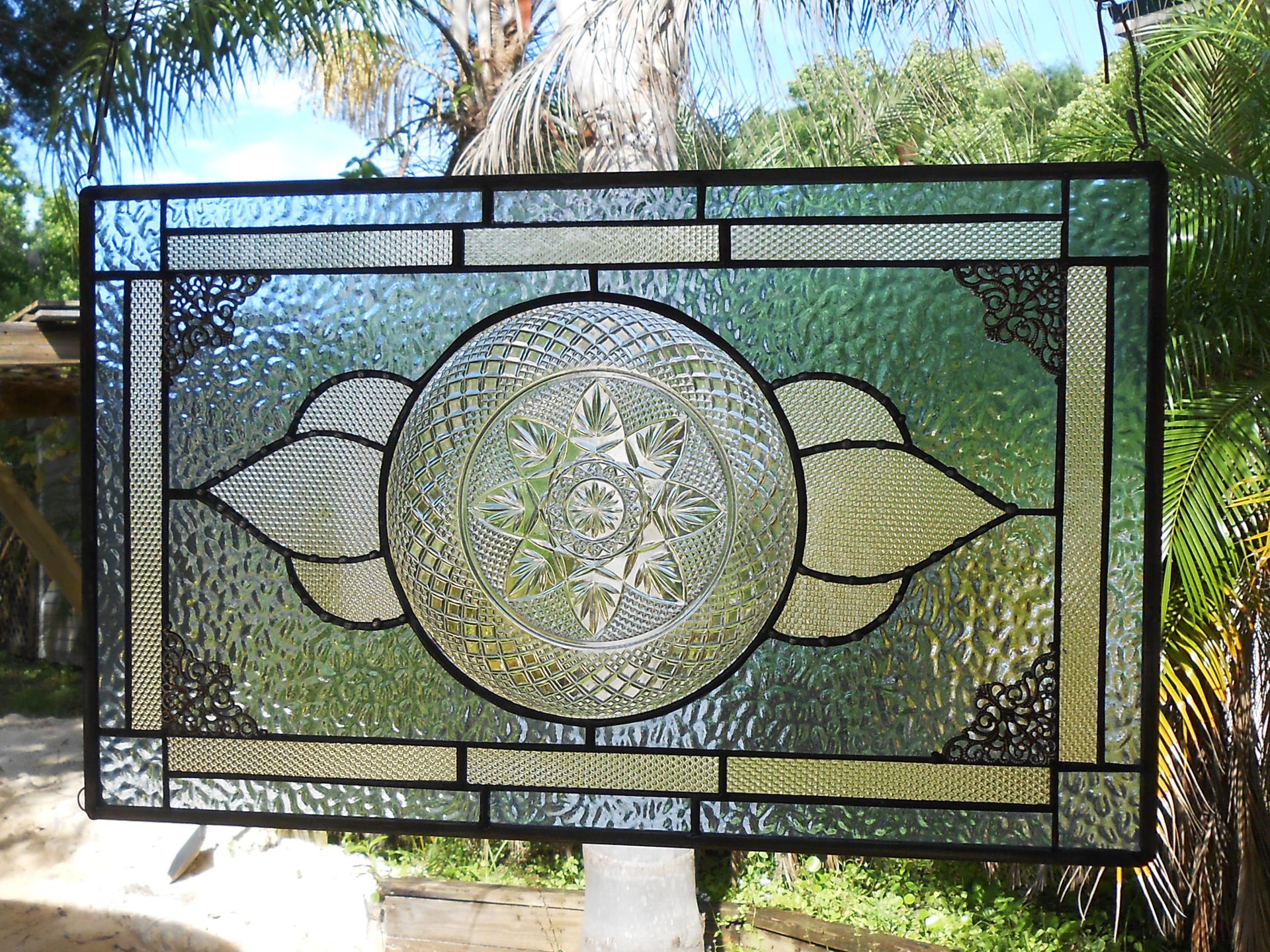 Stained Glass Plate Panel Window Transom, Vintage Crystal Luminarc Cris D'Arques Plates Valance