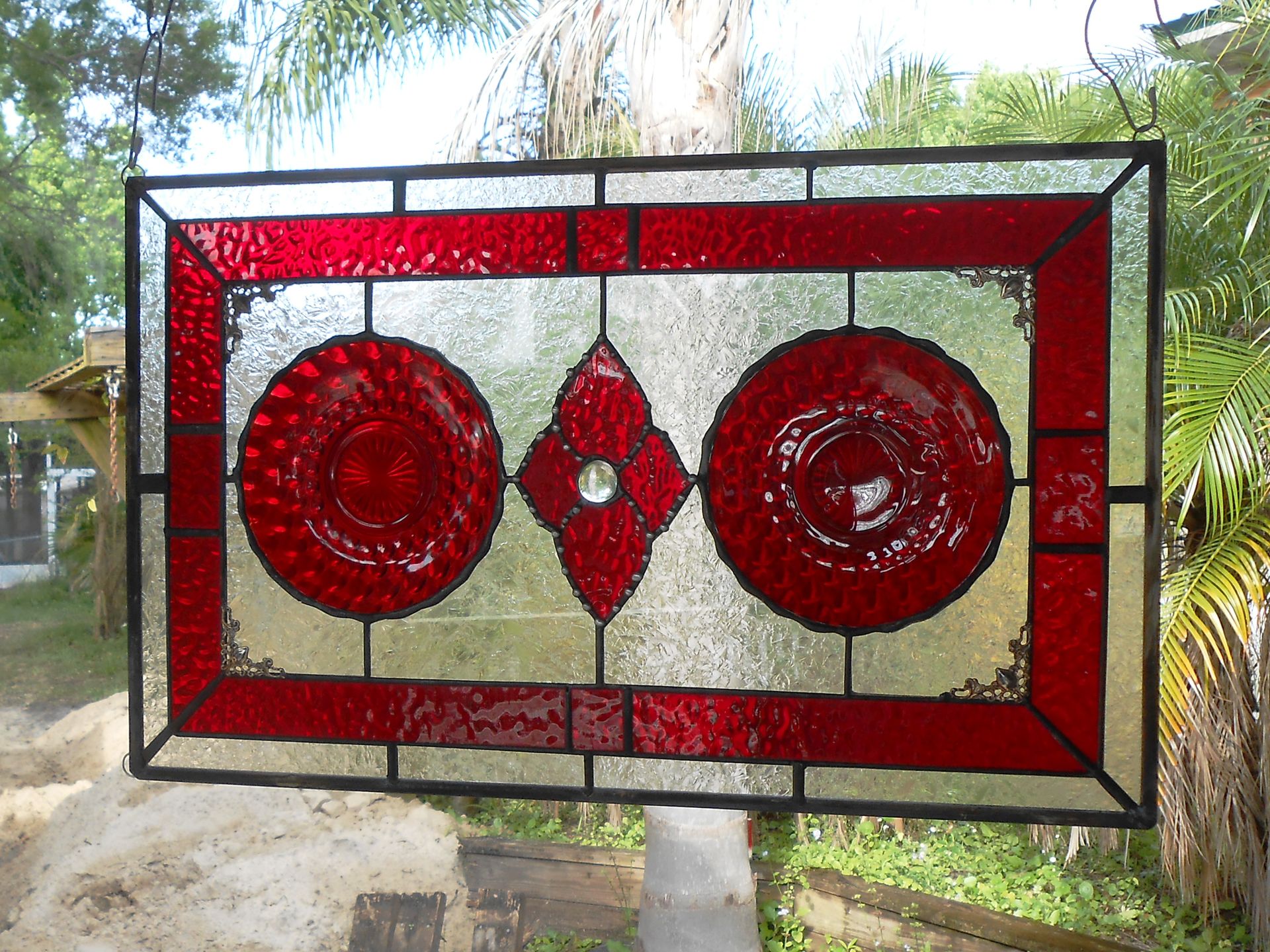 Stained Glass Window Panel, Depression Glass Plate Valance, Ruby Red Bubble 5 