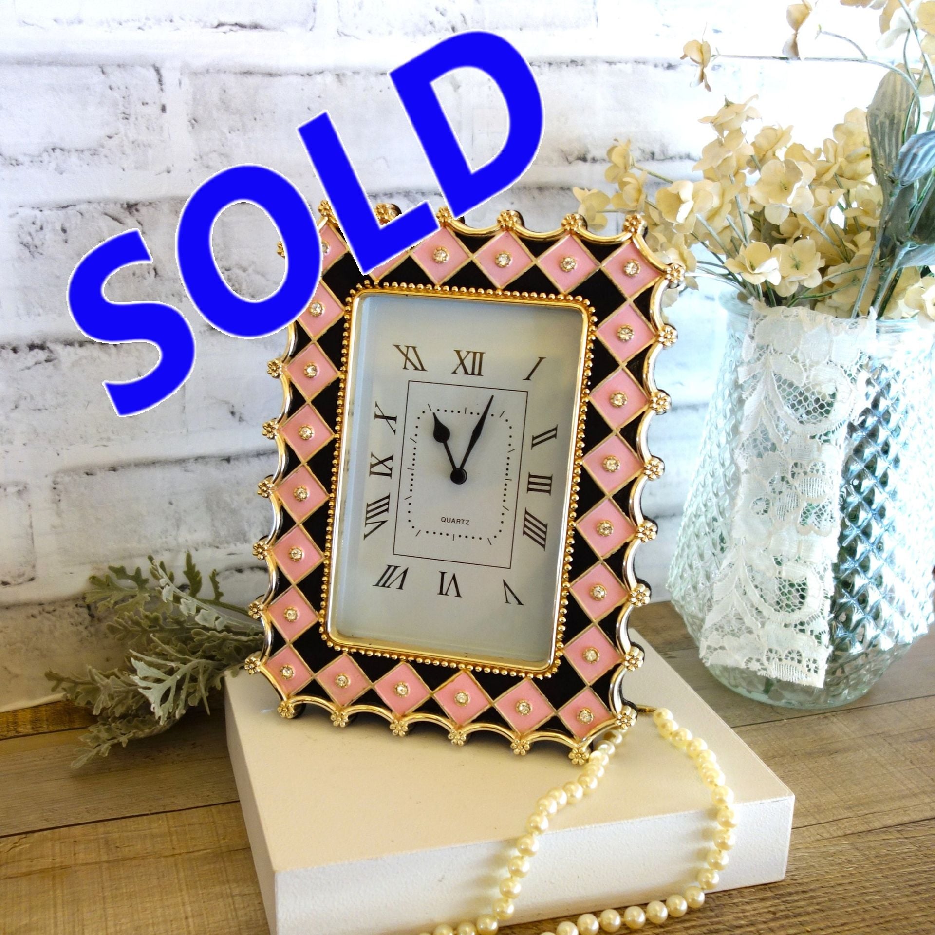 Hand Painted Whimsy Diamond Checked Vintage Clock Black And Pink Checked Decor