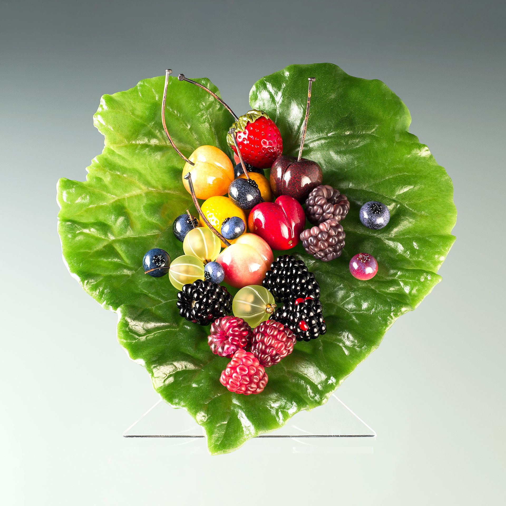 Lead Crystal Rhubarb Leaf, Pate de Verre, With Hand Blown Glass Berrry Sculptures