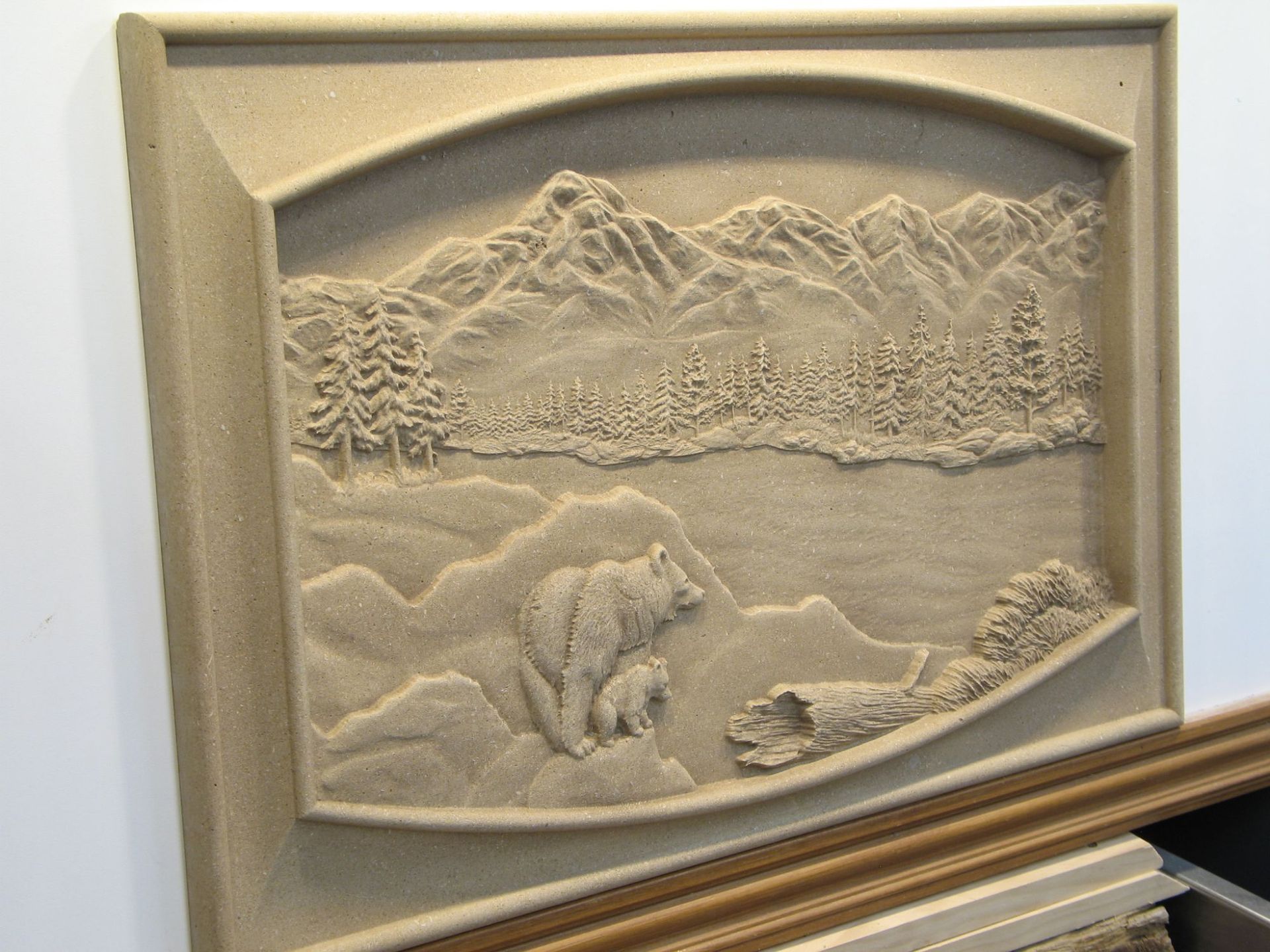 Custom Relief Carved Limestone Bear Mountain River Scene 16"x24" 2 