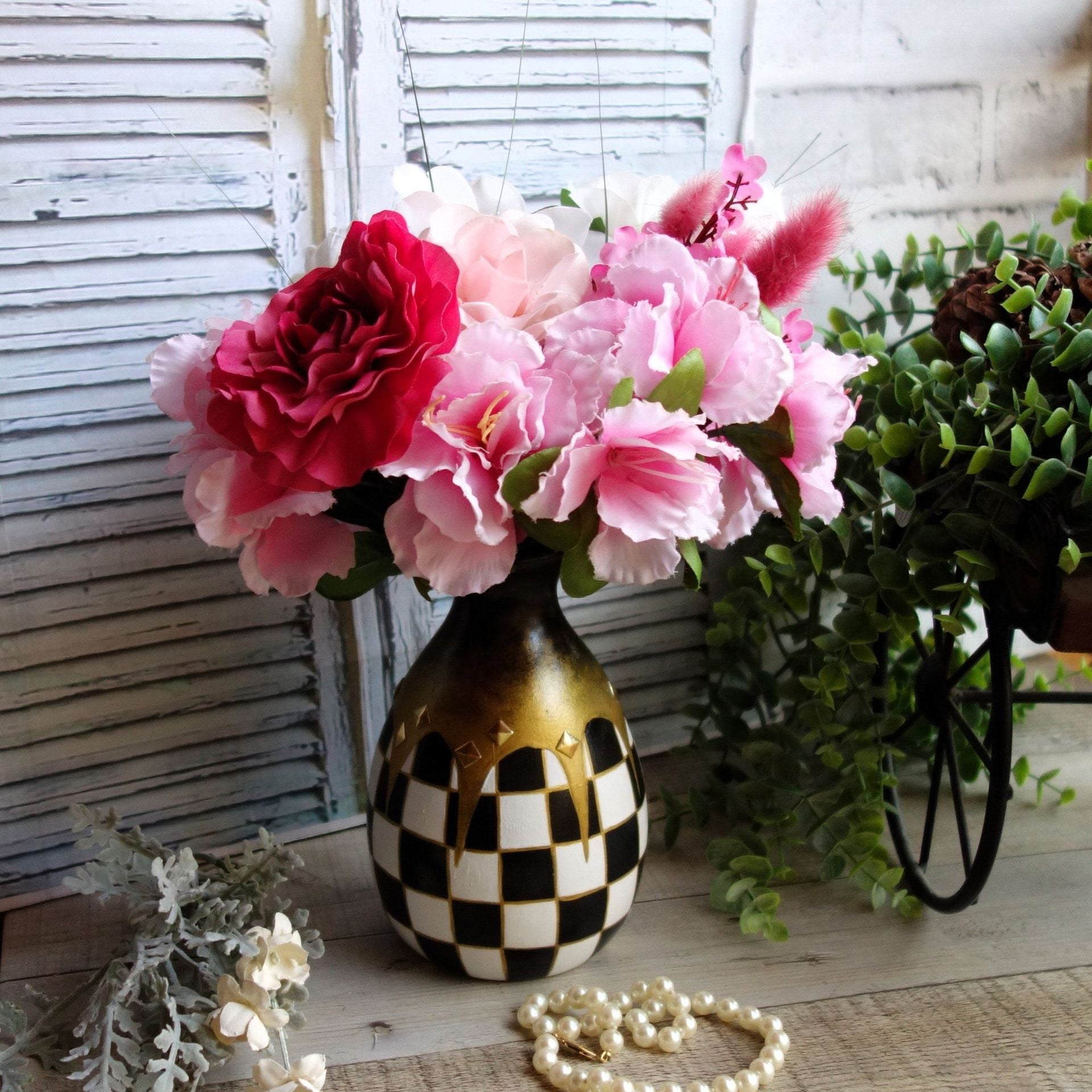 Courtly Vase Black White Checked Vase Floral Centerpiece Buffalo Check Vase 4 