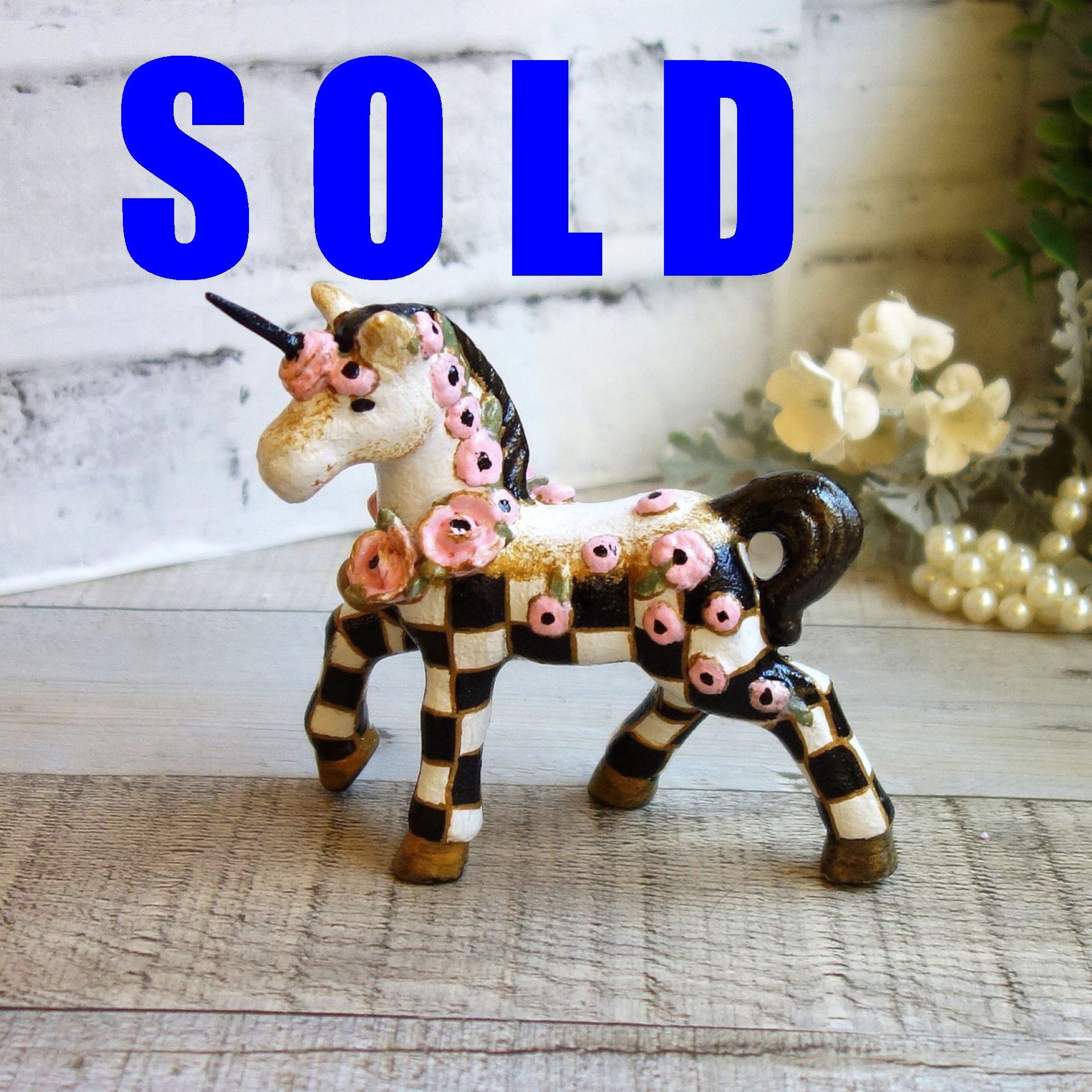 Black White Checked Unicorn Figurine Courtly Decor Hand Painted Whimsy Chintz 1 
