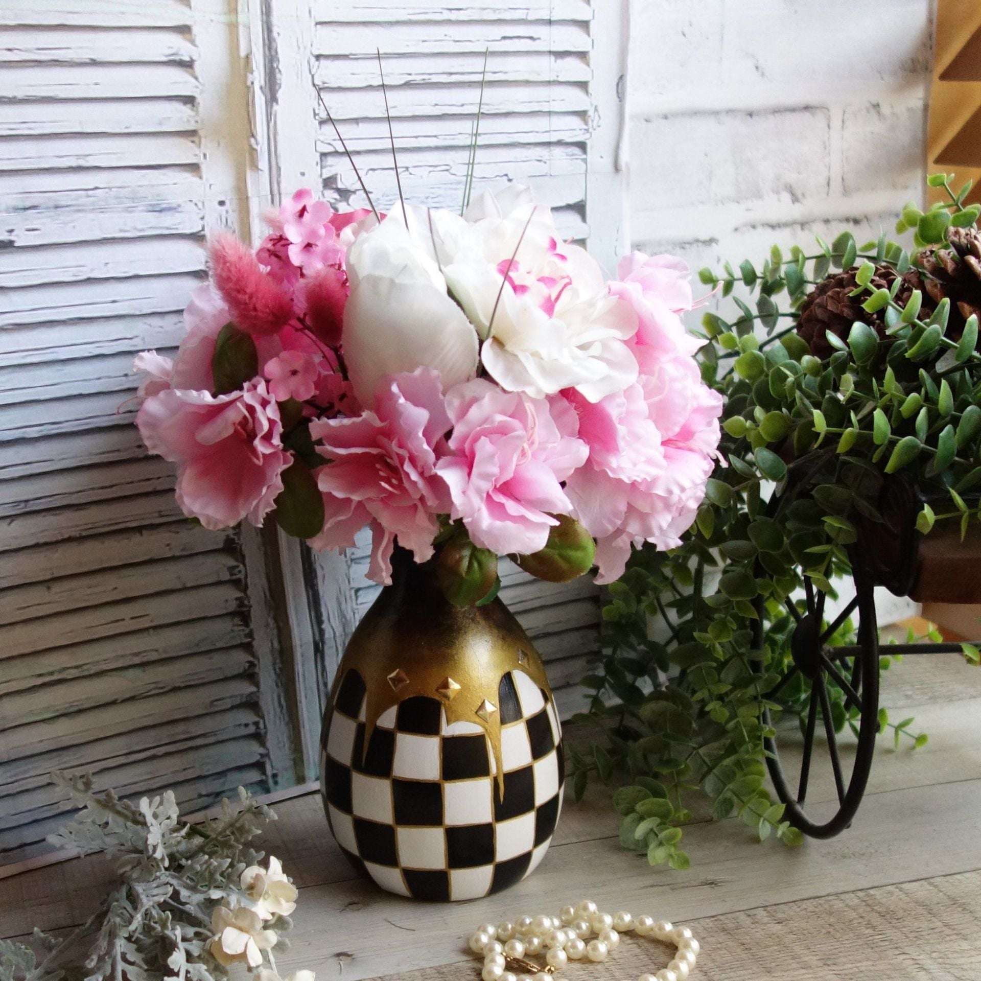 Courtly Vase Black White Checked Vase Floral Centerpiece Buffalo Check Vase 2 