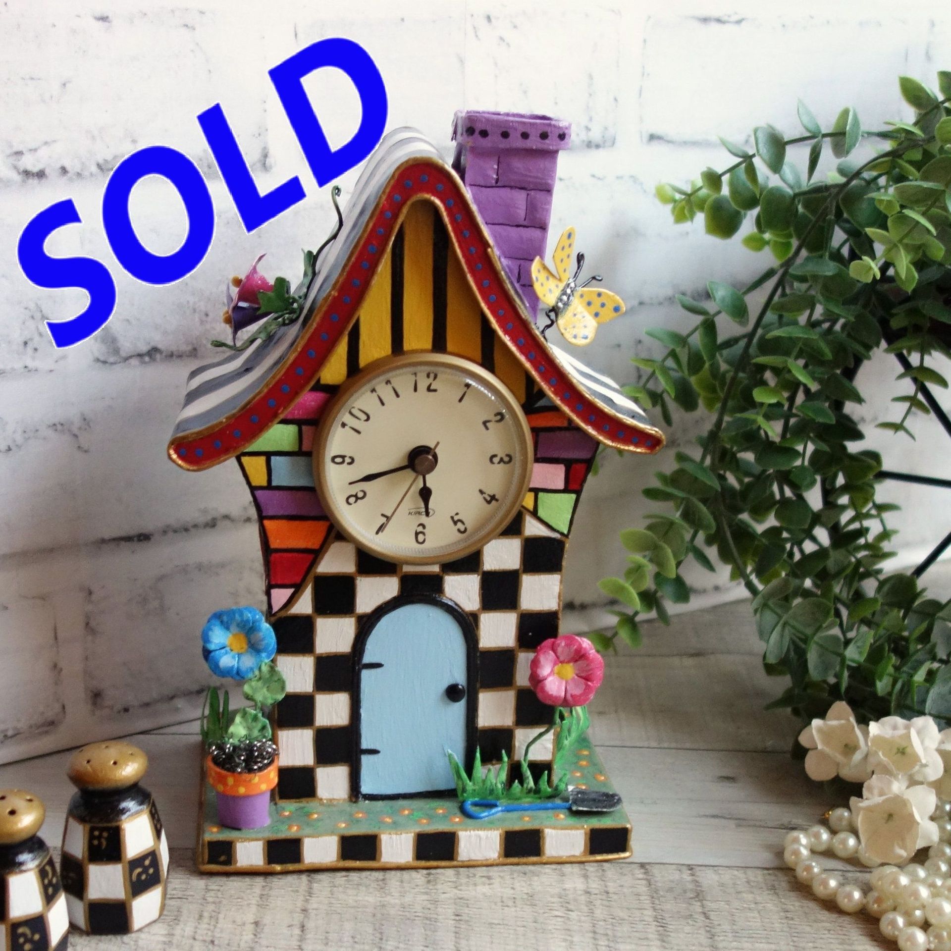 Hand Painted Whimsy Black and White Check Birdhouse Clock 1 