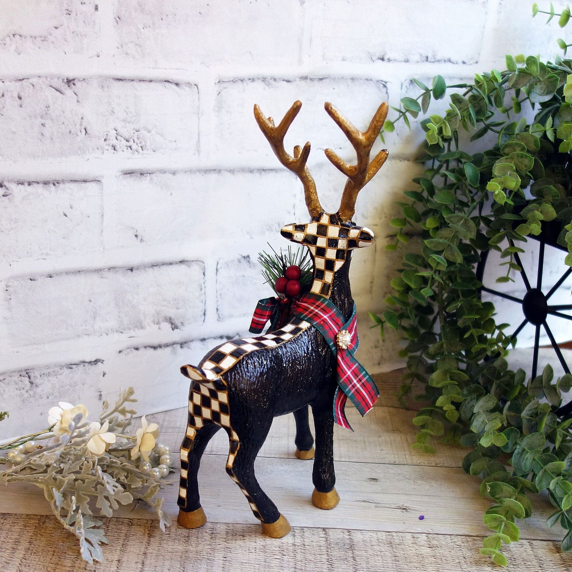 Courtly Christmas Decor Checked Reindeer Courtly Deer Checked Christmas Decor 3 