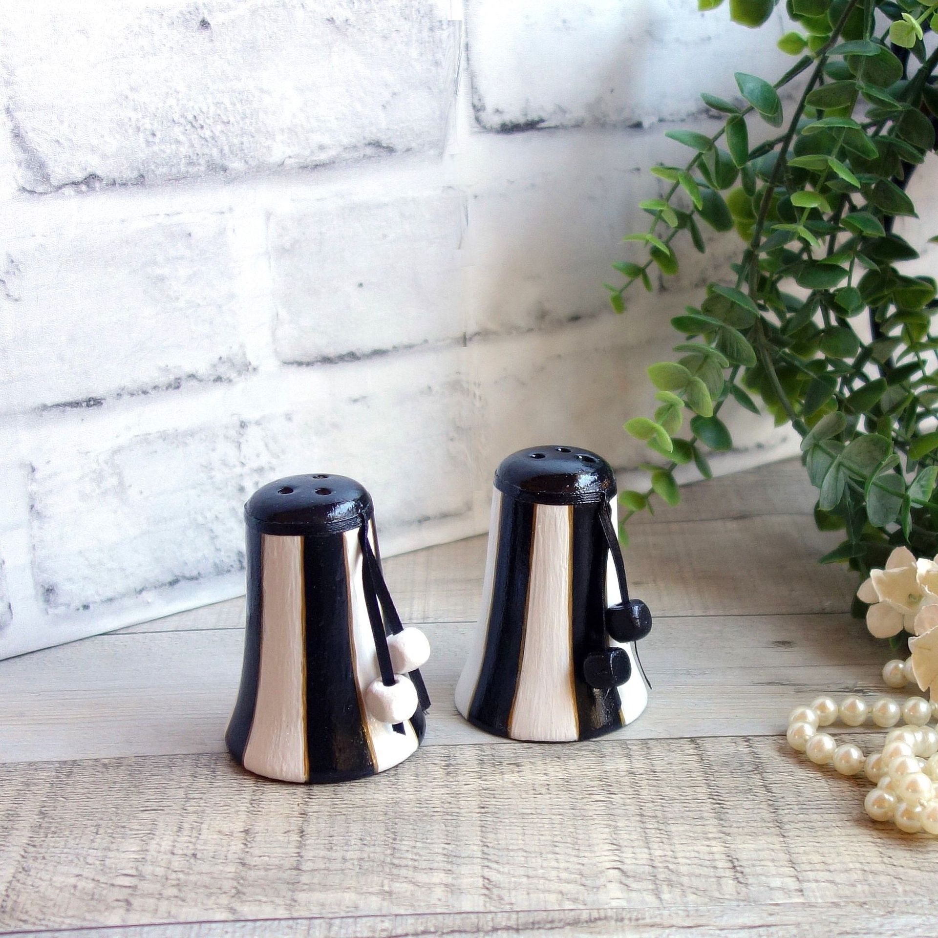 Black and White Striped Decor Salt & Pepper Shakers Hand painted Striped Decor 1 
