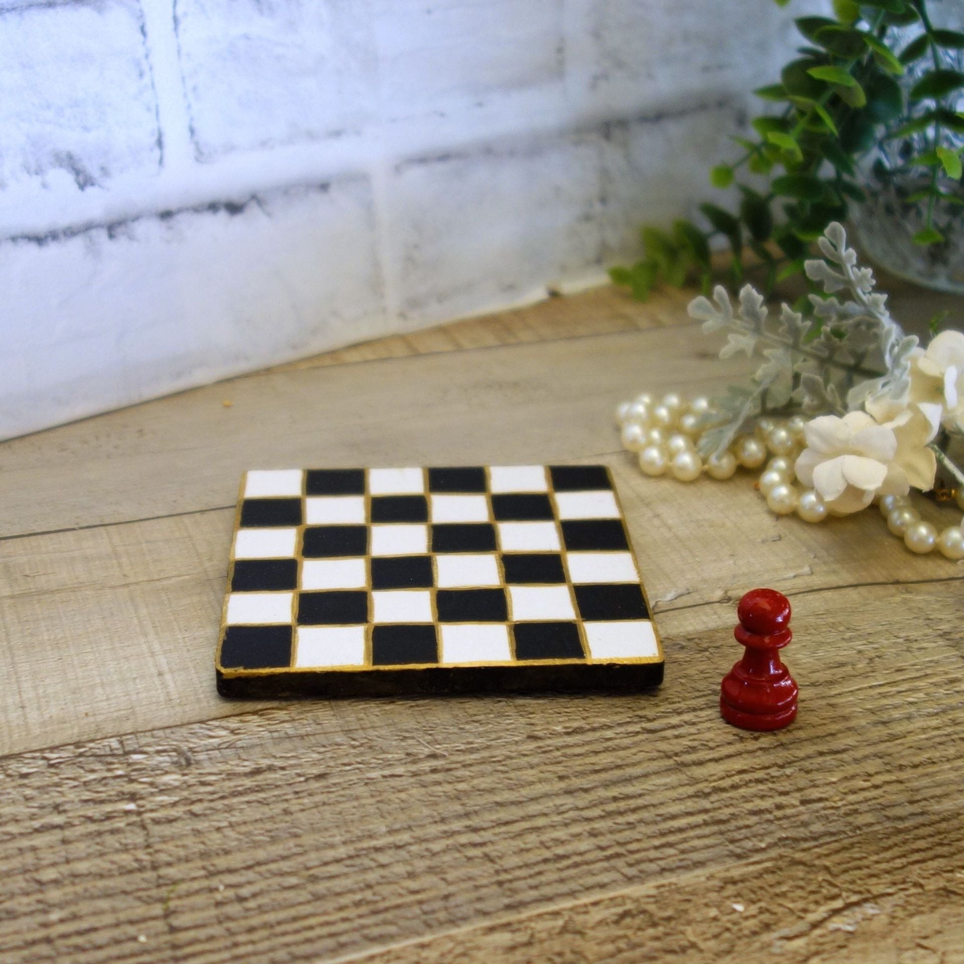 Hand Painted Whimsy Black And White Check Decor Checked Decor Chessboard Riser 2 