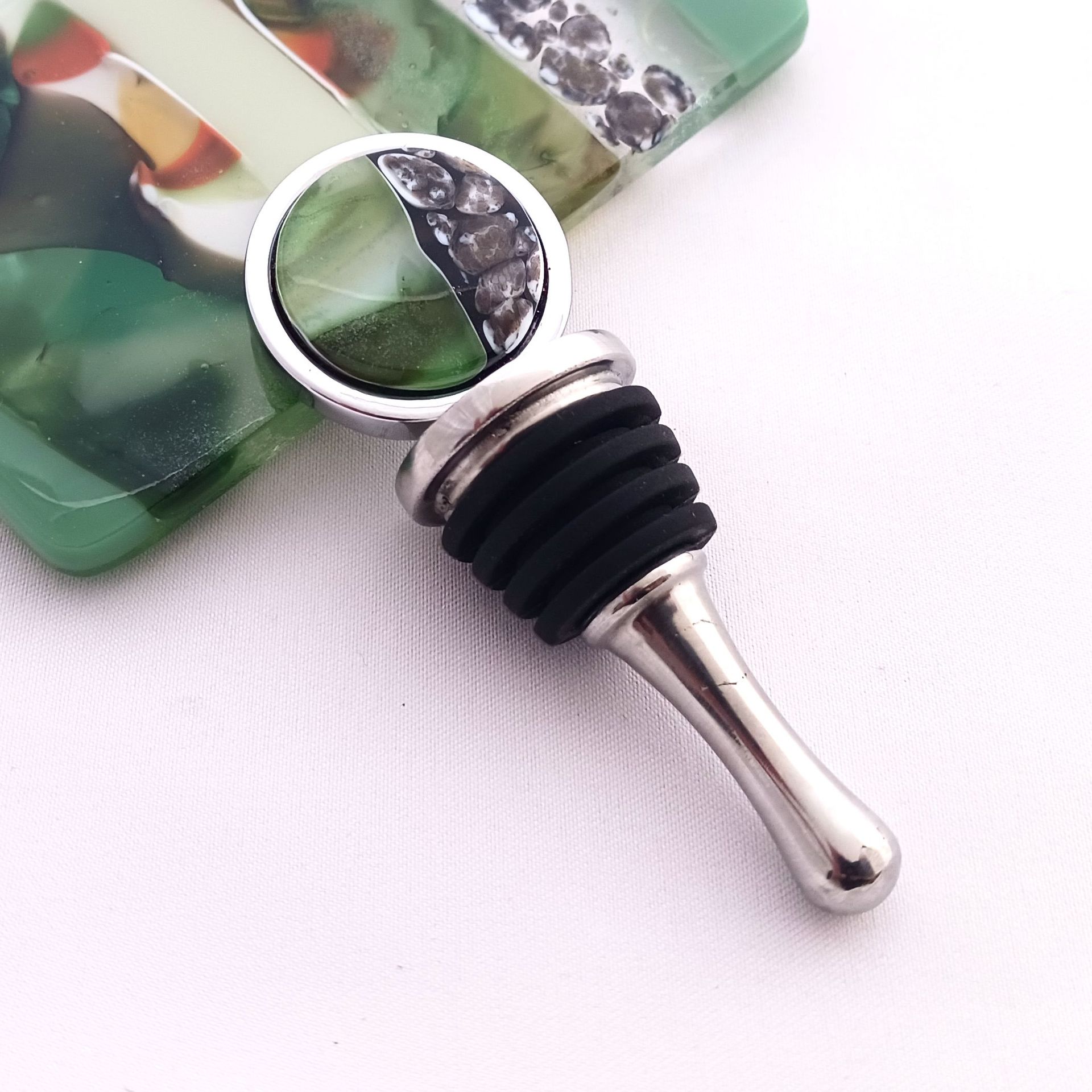 Nature-Inspired Fused Glass Bottle Stopper Featuring Handmade Glass - Forest Stream 2