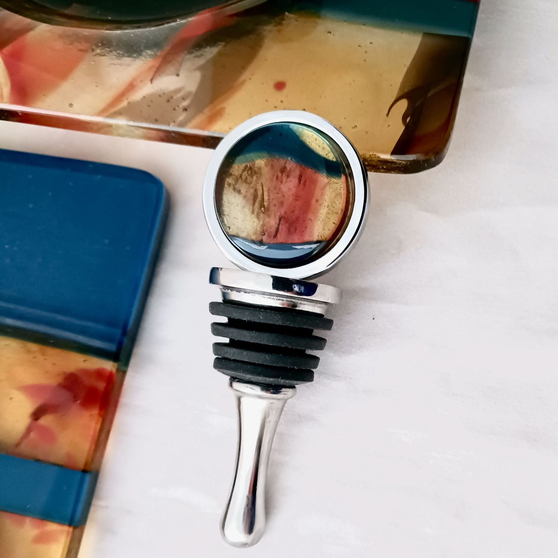 Coastal Fused Glass Bottle Stopper Featuring Handmade Glass - Gold Steel 1 