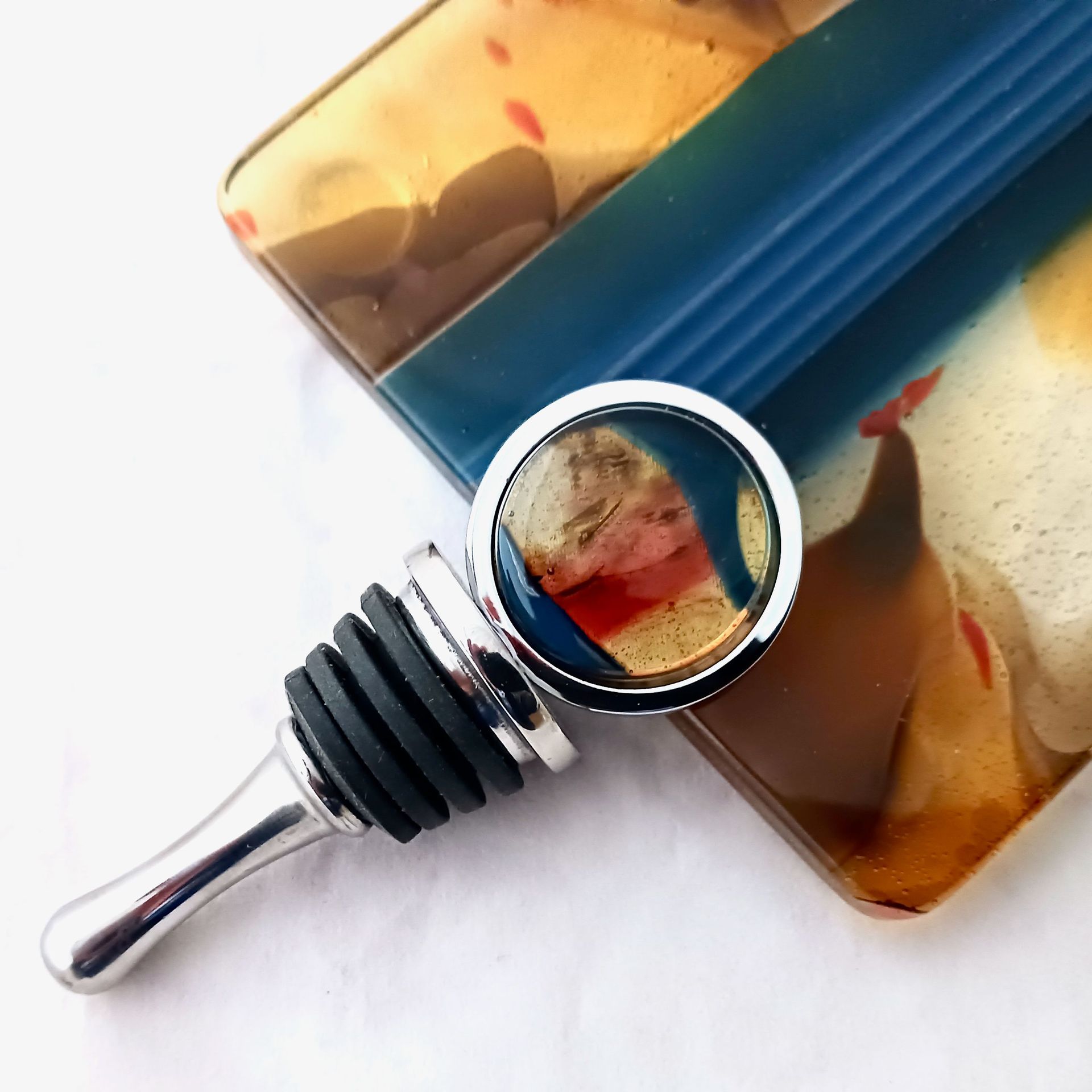 Coastal Fused Glass Bottle Stopper Featuring Handmade Glass - Gold Steel 3 