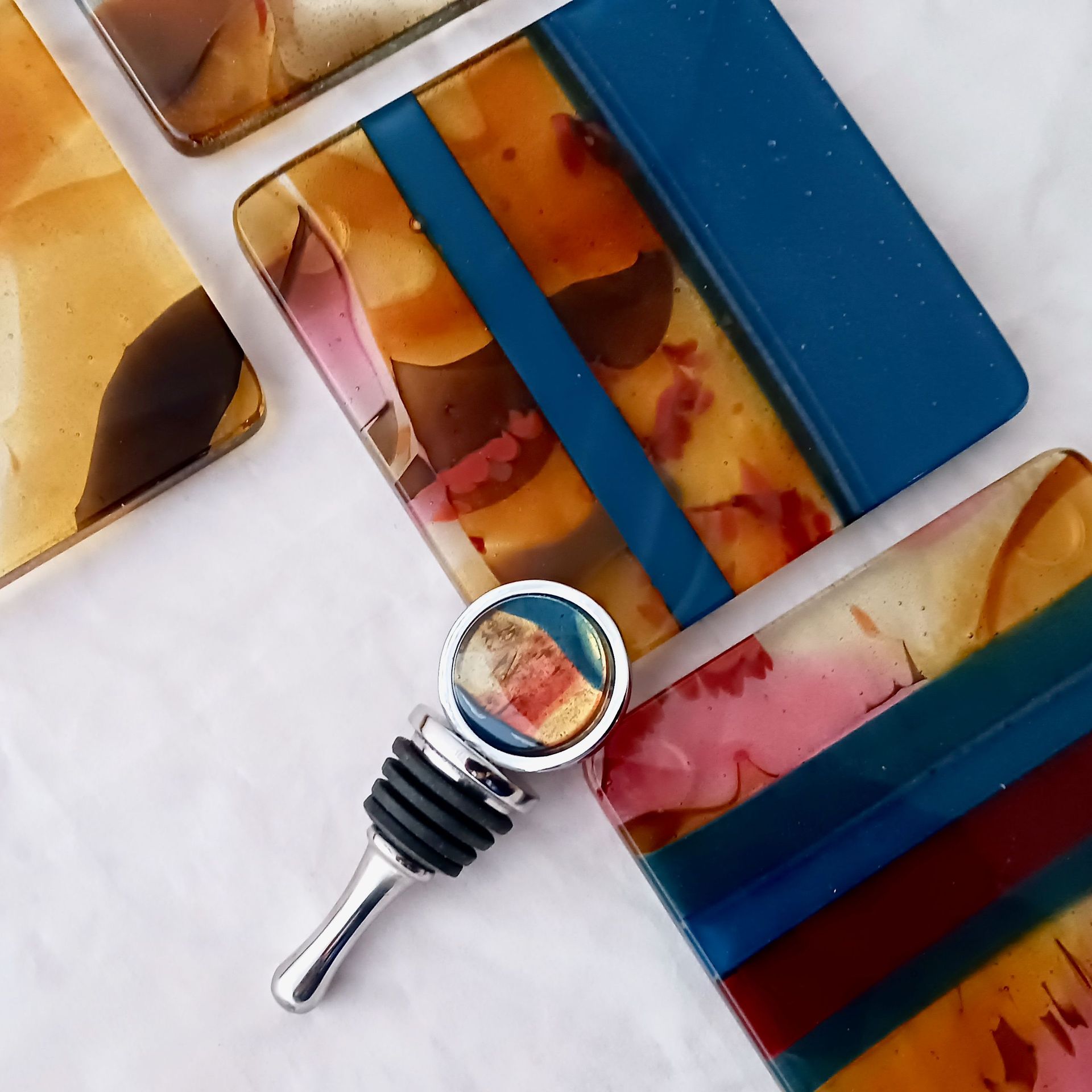 Coastal Fused Glass Bottle Stopper Featuring Handmade Glass - Gold Steel 4 