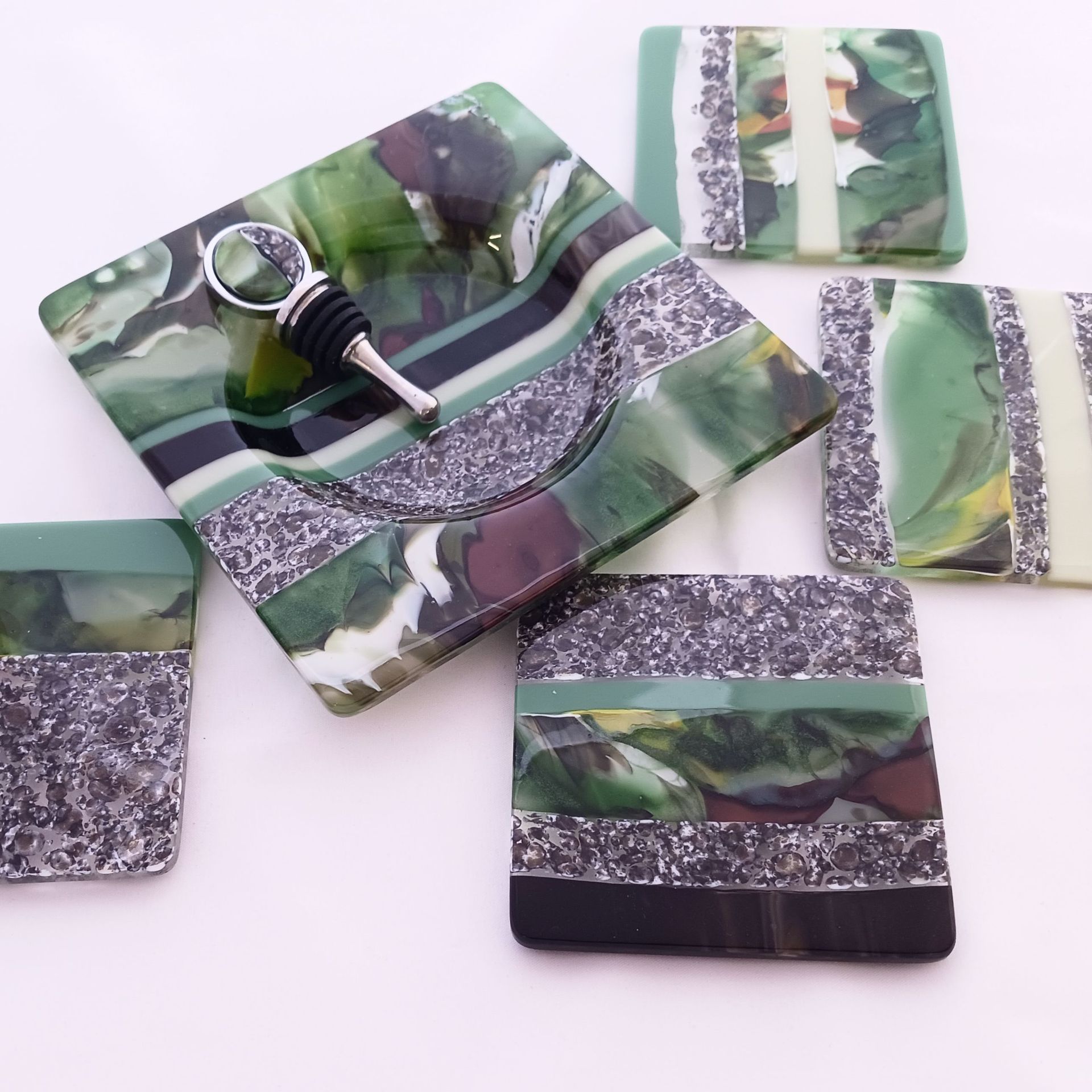 Nature-Inspired Fused Glass Coasters Featuring Handmade Glass (Set of 4) - Forest Stream 4