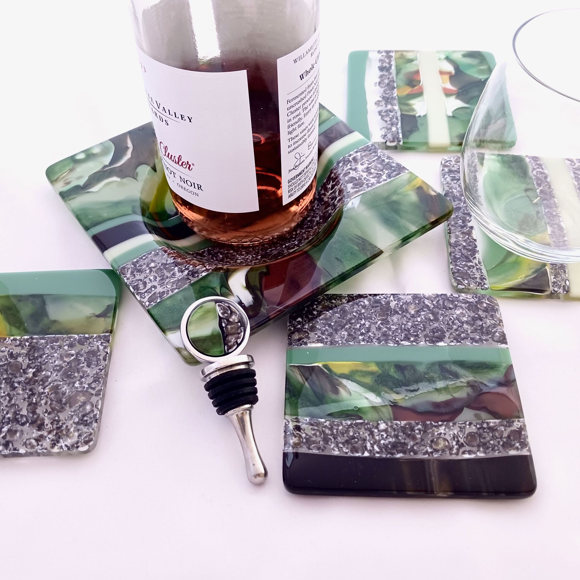 Nature-Inspired Fused Glass Wine Bottle Coaster Featuring Handmade Glass - Forest Stream 6