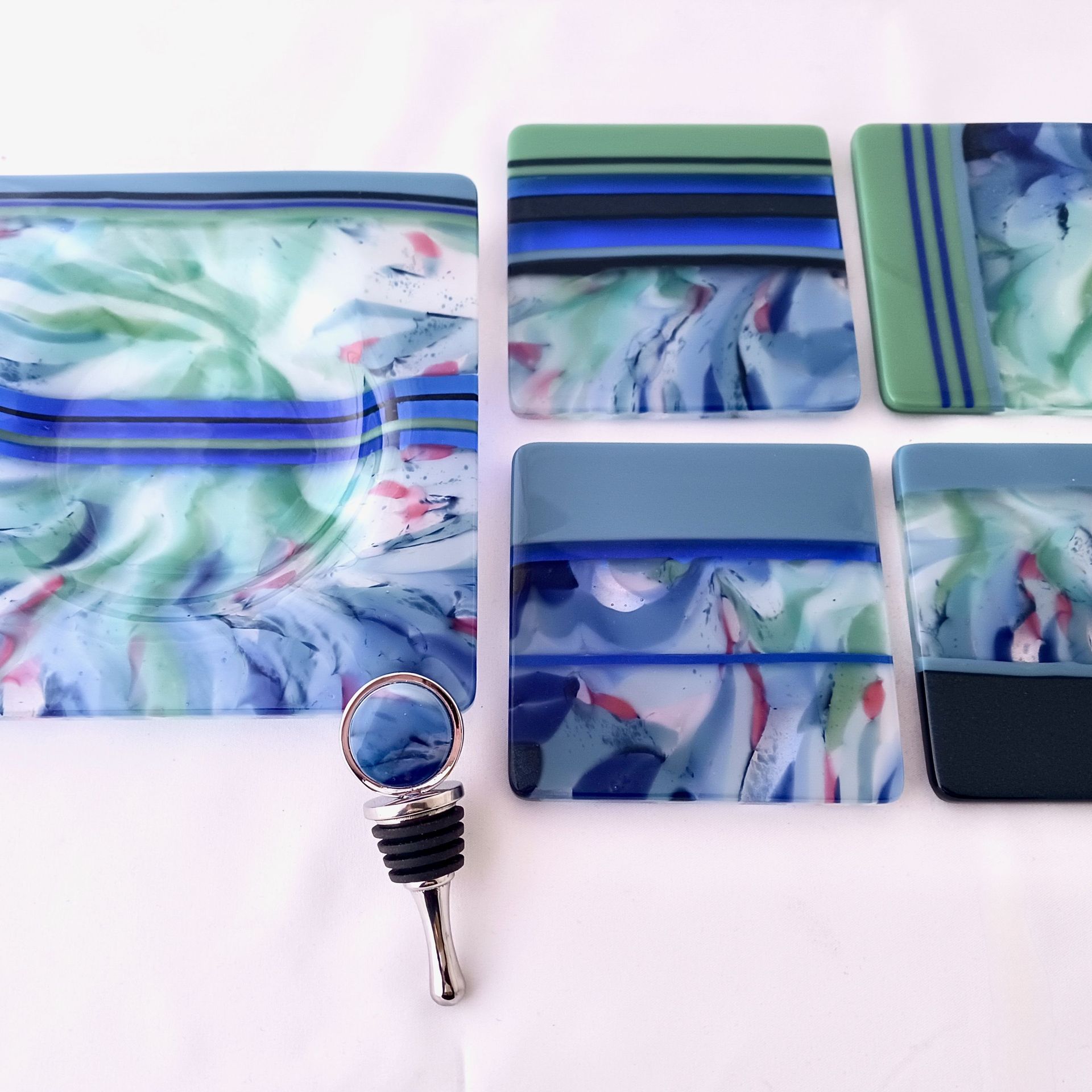 Aquatic Fused Glass Coasters Featuring Handmade Glass (set of 4) - Water Garden 4
