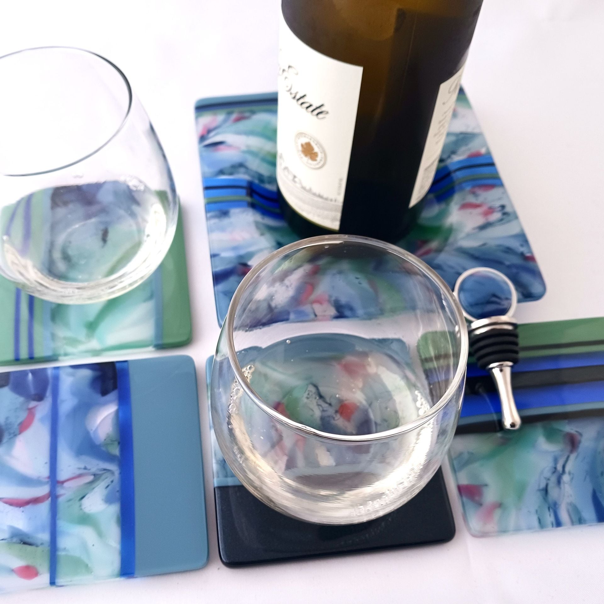 Aquatic Fused Glass Wine Bottle Coaster Featuring Handmade Glass - Water Garden 4 