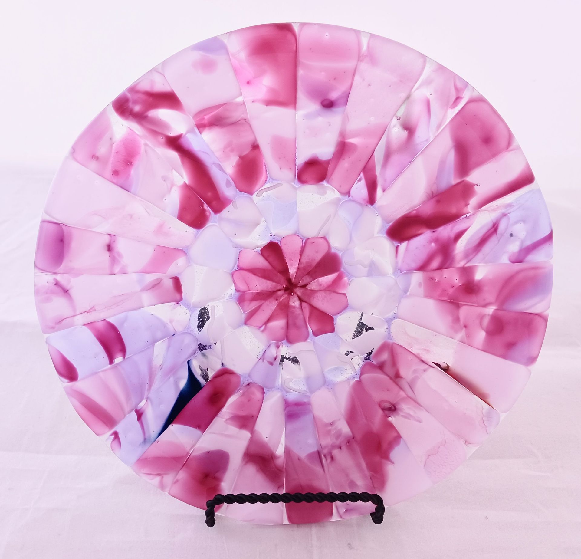 Garden Inspired Fused Glass Round Plate Featuring Handmade Glass - Cotton Candy Zinnia 1