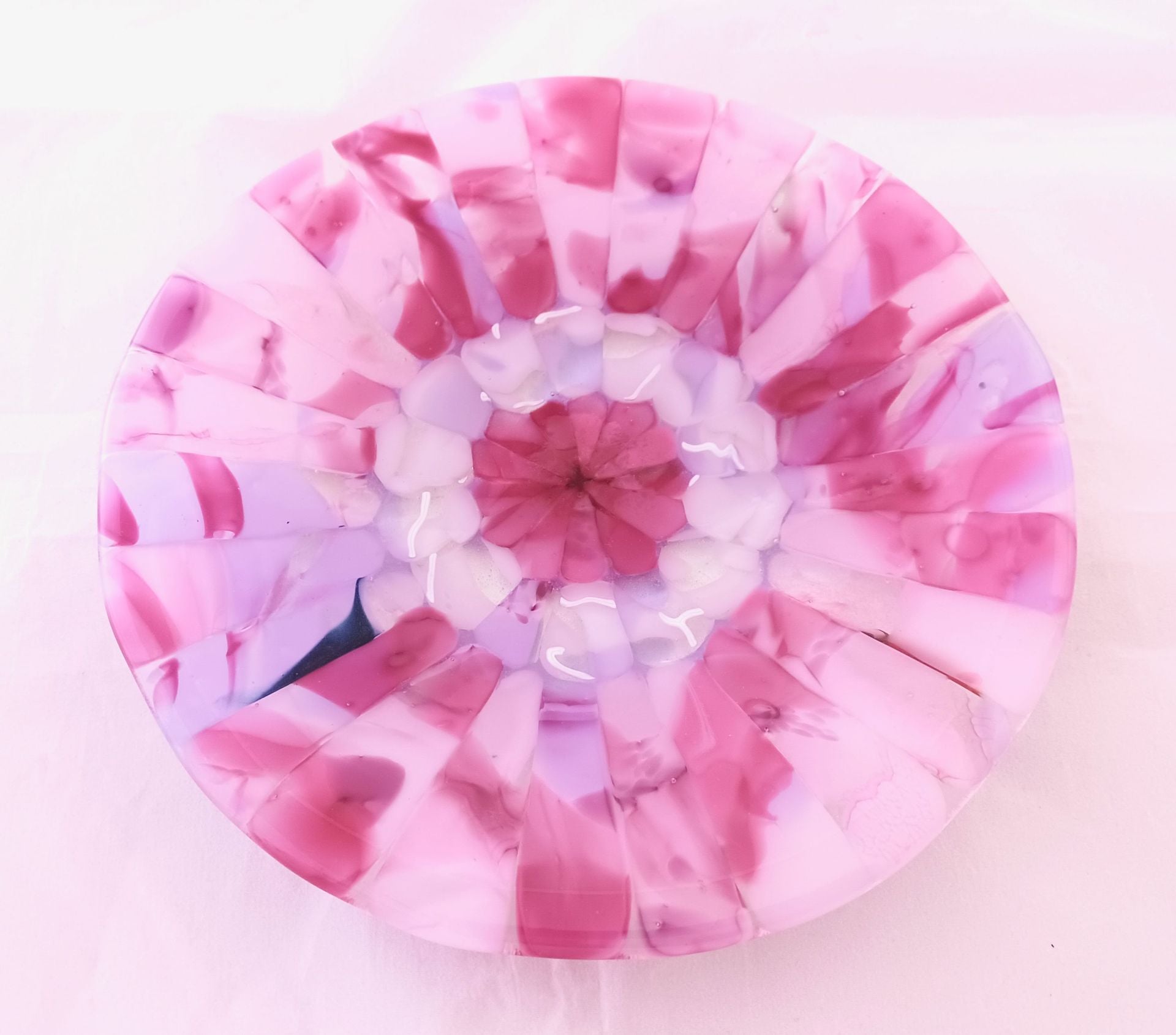 Garden Inspired Fused Glass Round Plate Featuring Handmade Glass - Cotton Candy Zinnia 2
