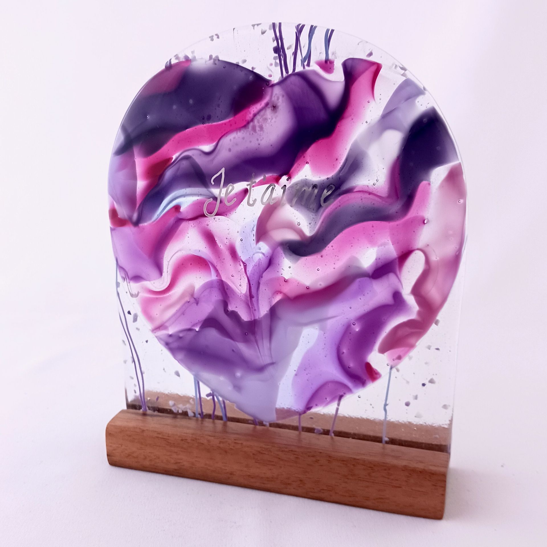 Purple and Pink Fused Glass Sculpturette Featuring Handmade Glass - Delicata Heart 1