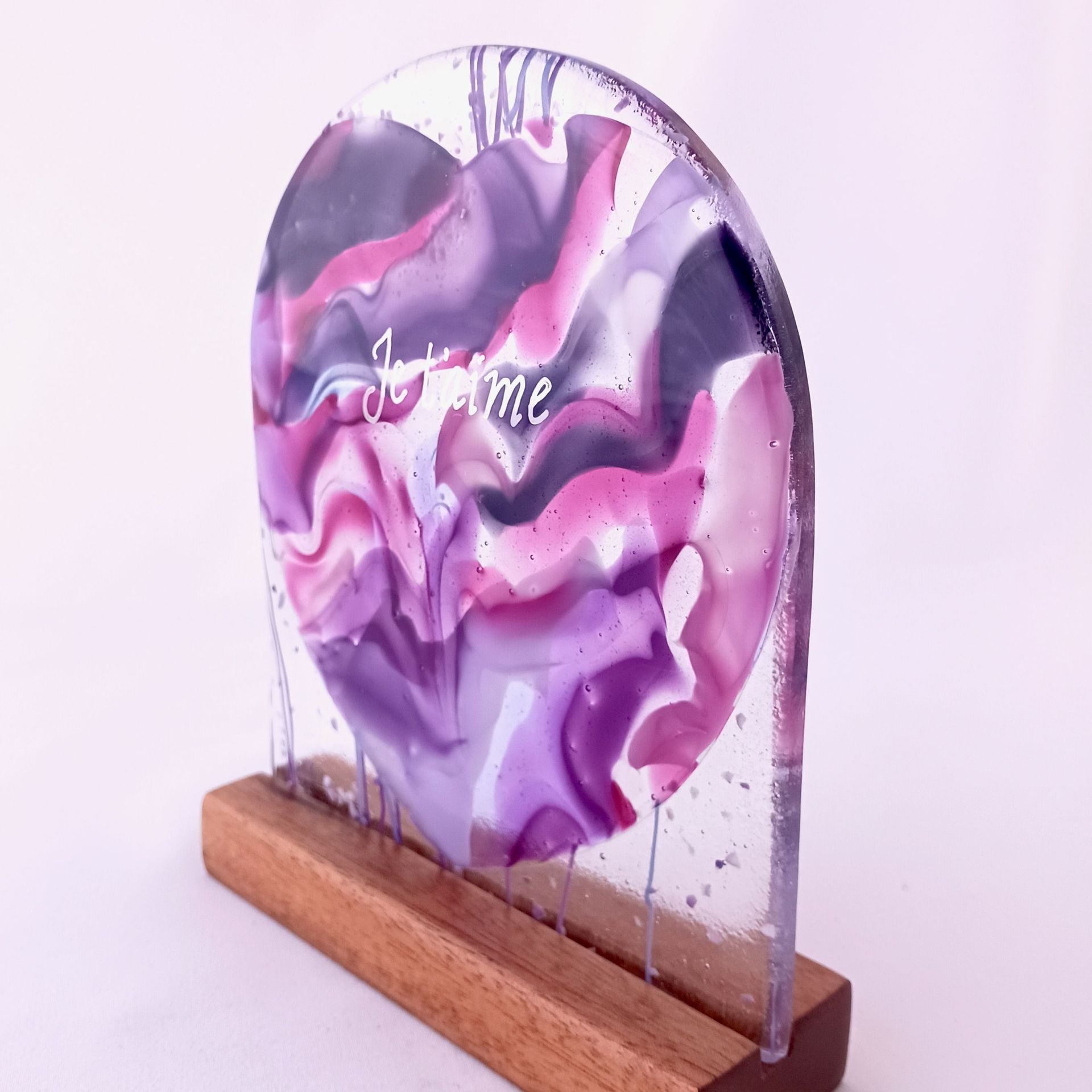 Purple and Pink Fused Glass Sculpturette Featuring Handmade Glass - Delicata Heart 3