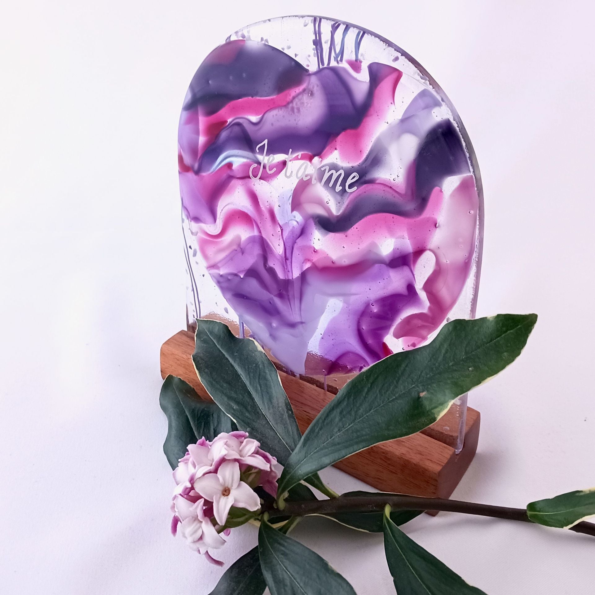 Purple and Pink Fused Glass Sculpturette Featuring Handmade Glass - Delicata Heart 2