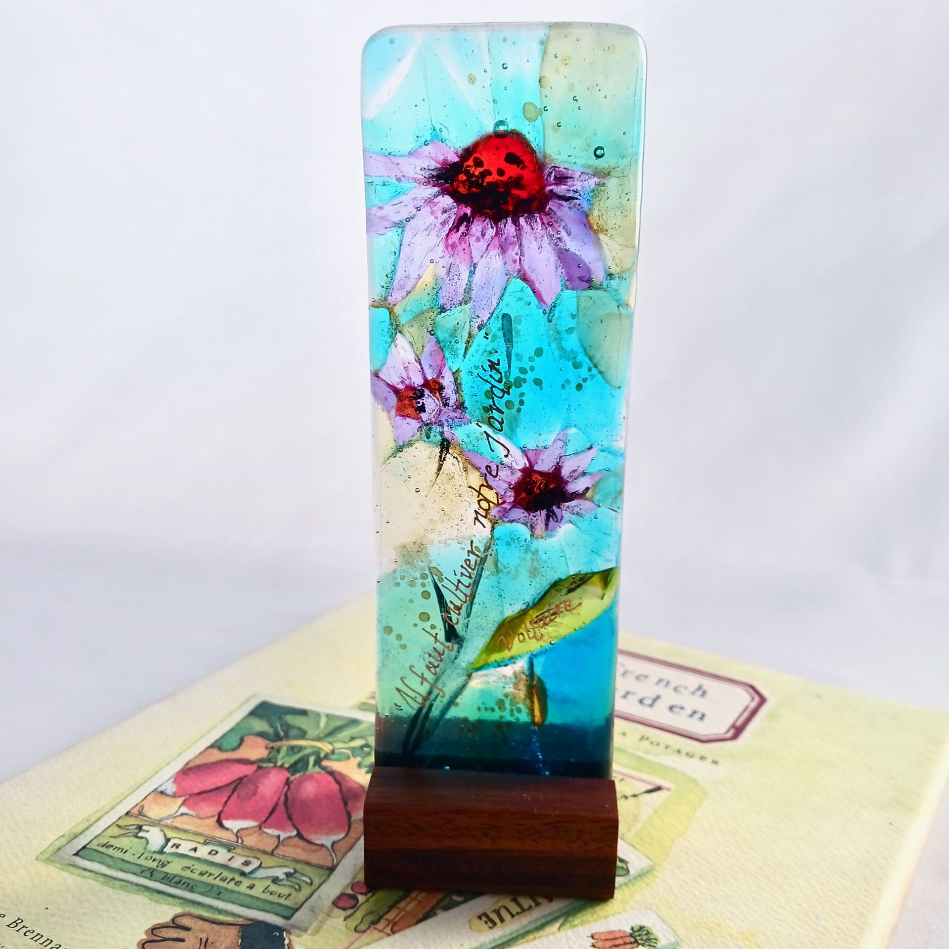 Floral Fused Glass Sculpture Featuring Handmade Glass - Lavender Echinacea 4 