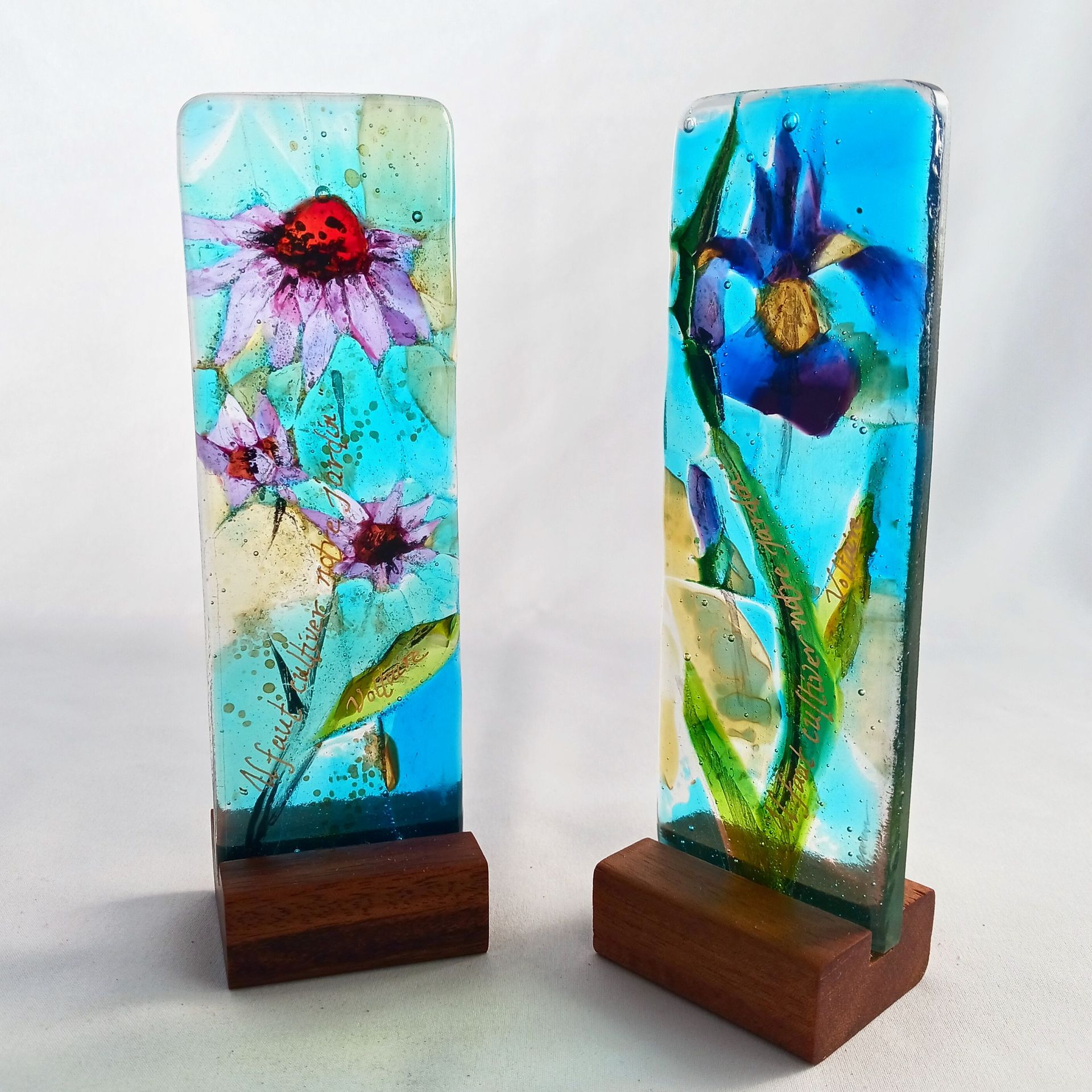 Floral Fused Glass Sculpture Featuring Handmade Glass - Lavender Echinacea 5 