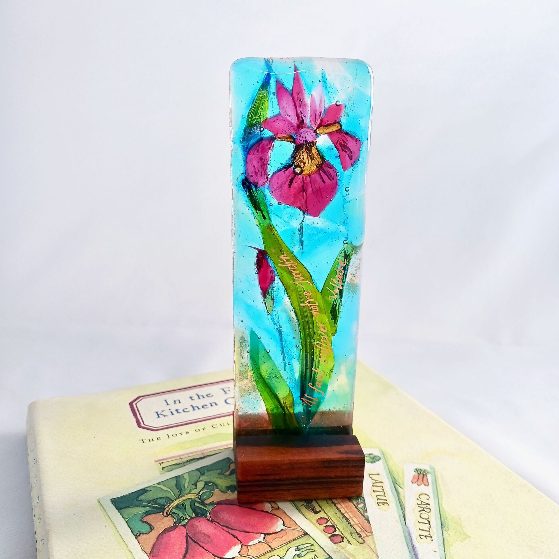 Floral Fused Glass Sculpturette Featuring Handmade Glass - Magenta Iris 2