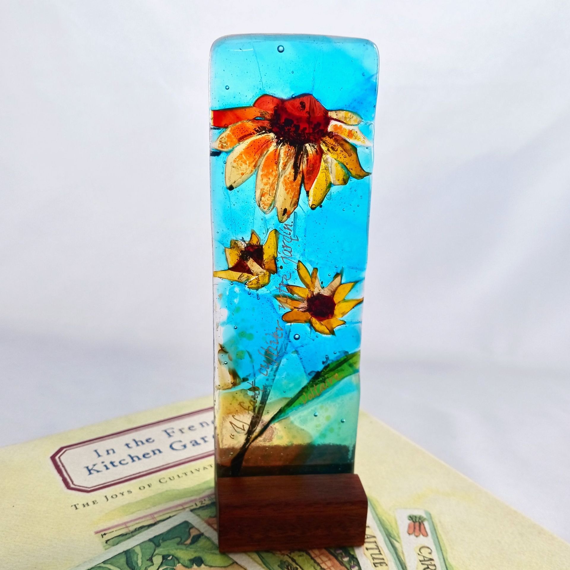 Garden Inspired Fused Glass Sculpture Featuring Handmade Glass - Sunset Echinacea 4 