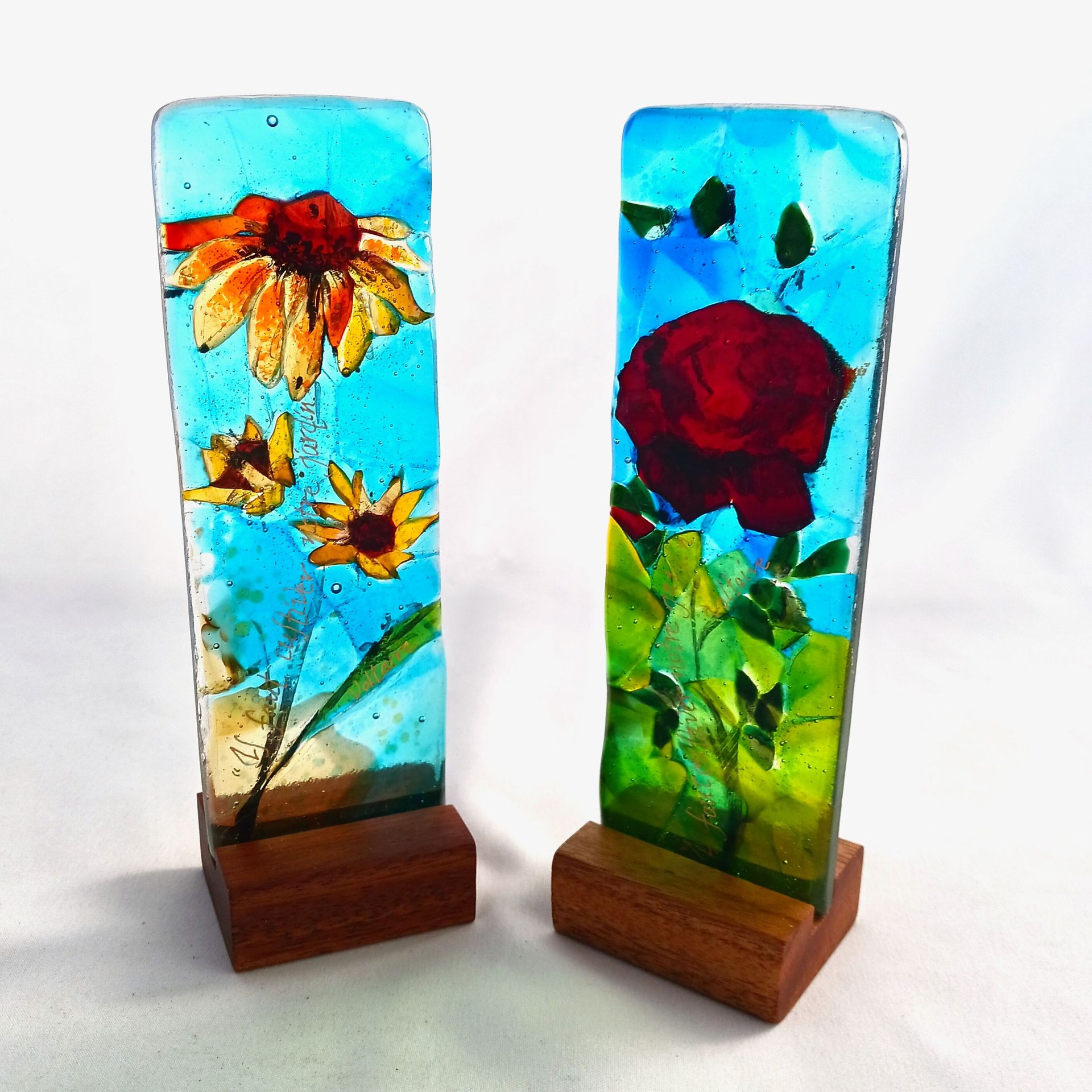 Garden Inspired Fused Glass Sculpture Featuring Handmade Glass - Sunset Echinacea 5 