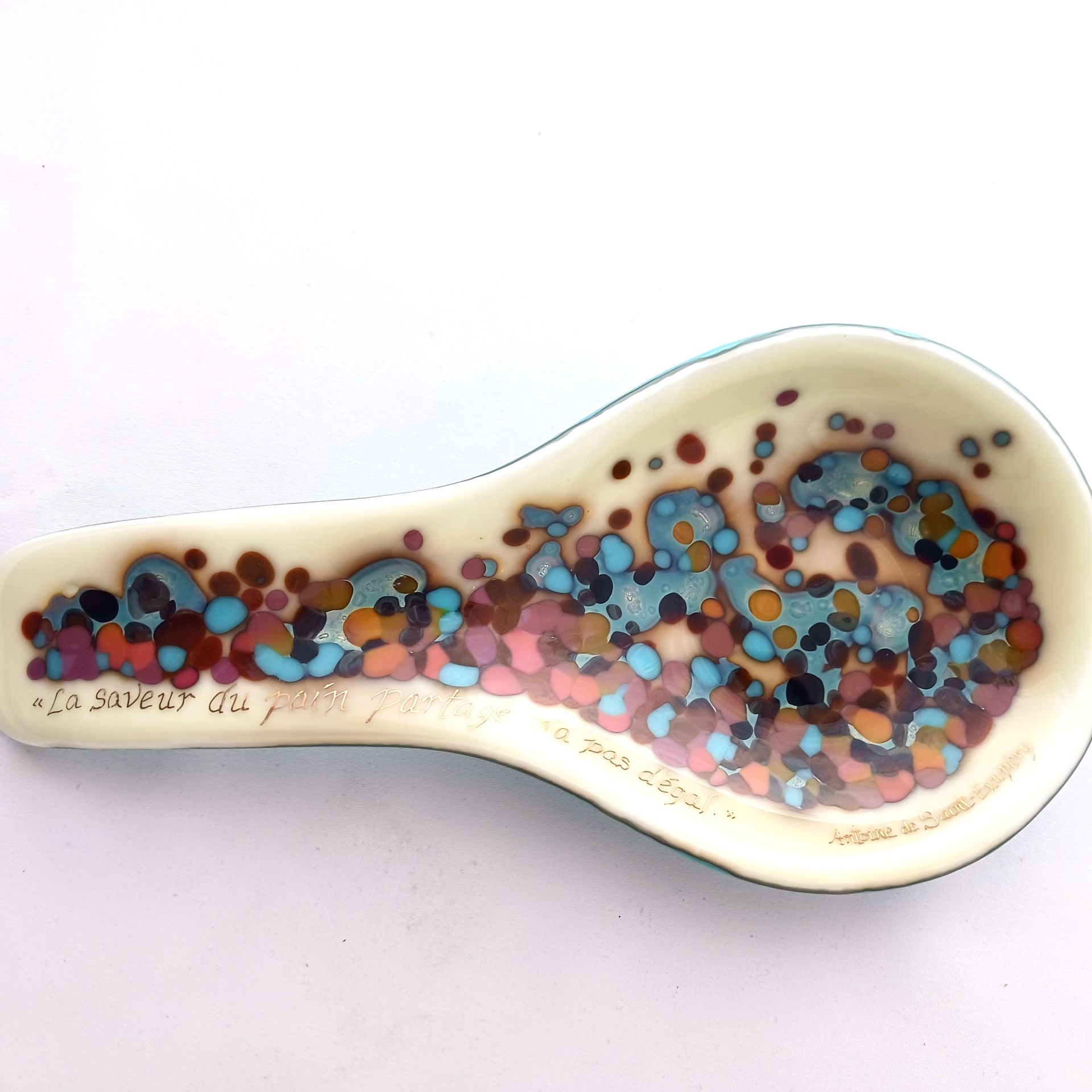 Contemporary Fused Glass Spoon Rest Featuring Hand Printed French Quote - Cannellini Sky 1