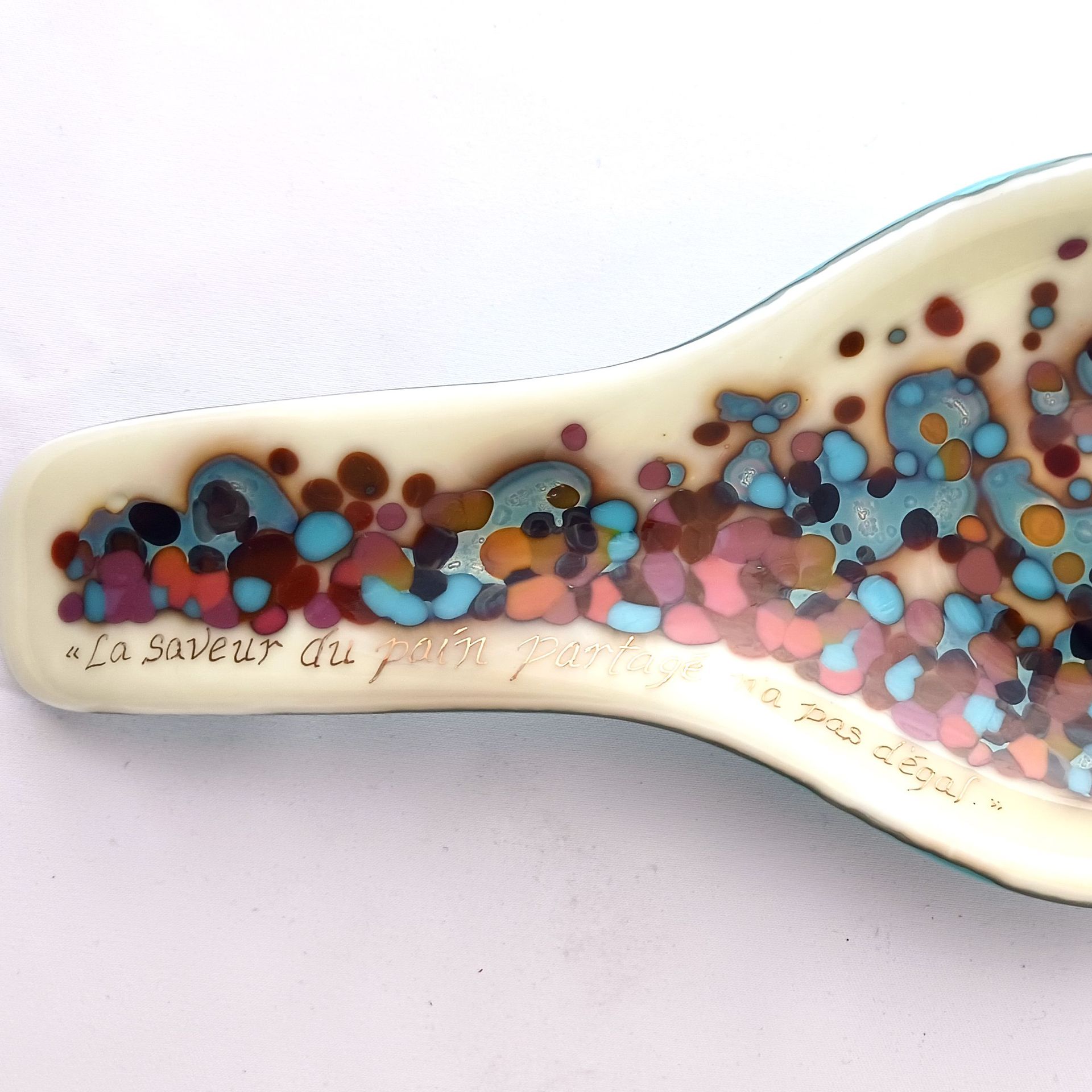 Contemporary Fused Glass Spoon Rest Featuring Hand Printed French Quote - Cannellini Sky 5