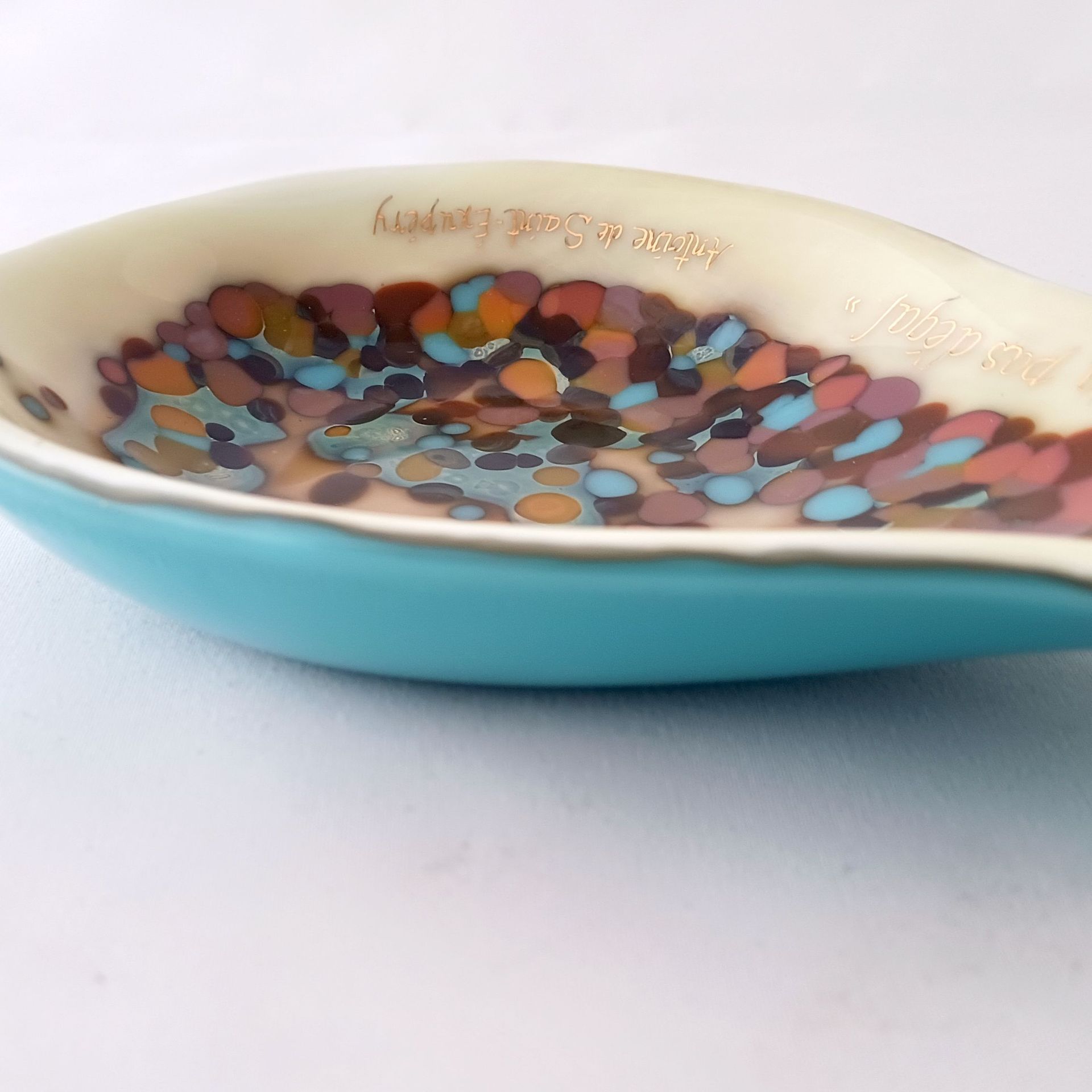 Contemporary Fused Glass Spoon Rest Featuring Hand Printed French Quote - Cannellini Sky 2