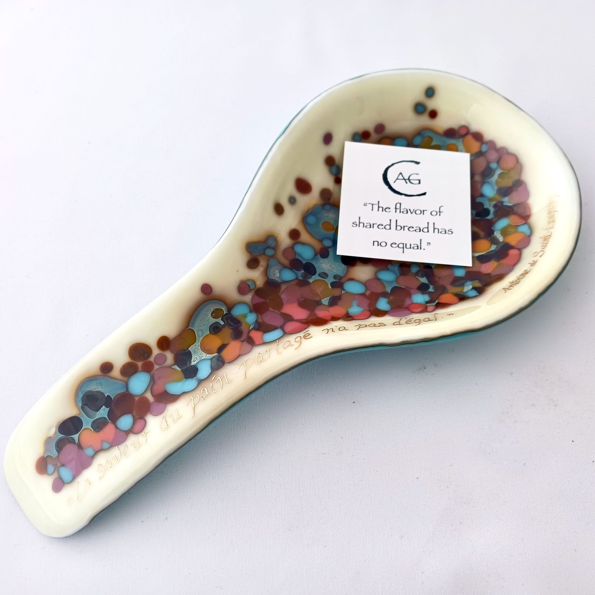 Contemporary Fused Glass Spoon Rest Featuring Hand Printed French Quote - Cannellini Sky 6