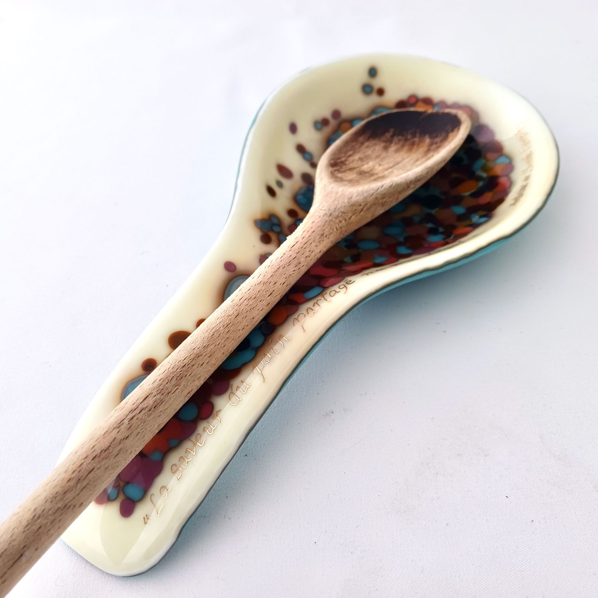 Contemporary Fused Glass Spoon Rest Featuring Hand Printed French Quote - Cannellini Sky 3