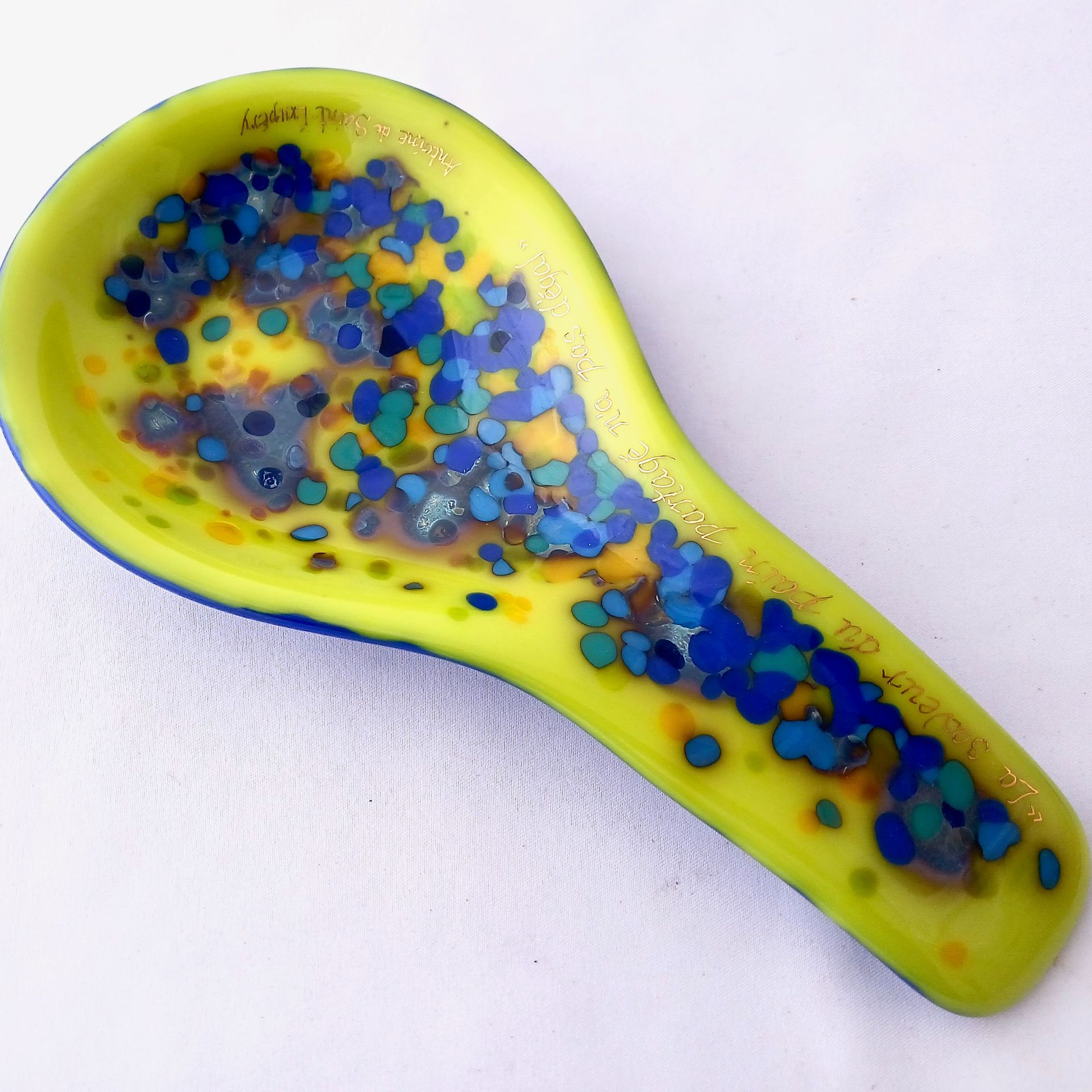 Contemporary Fused Glass Spoon Rest Featuring Hand Printed French Quote - Persian Lemon